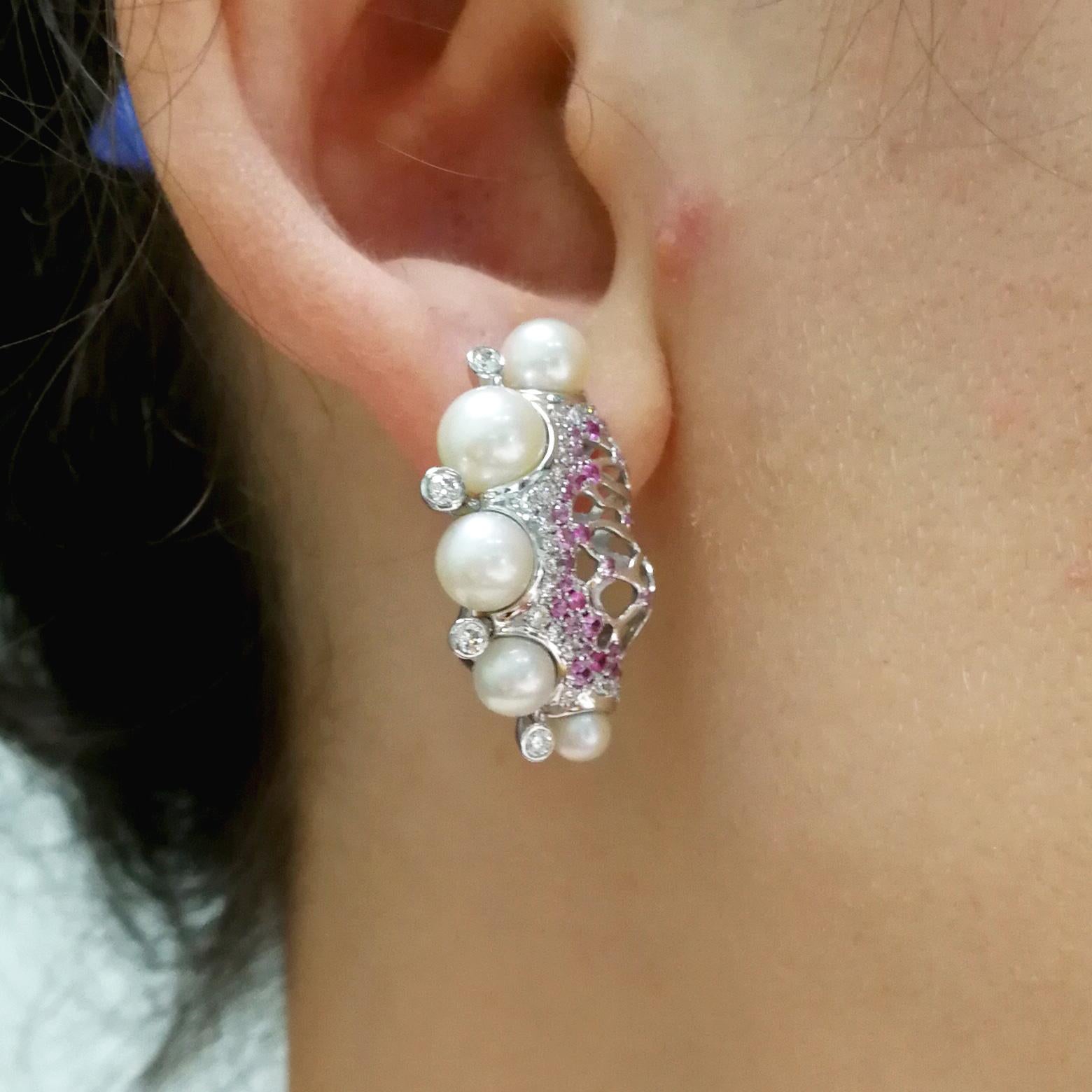Pearls Diamonds Pink Sapphire 18 Karat White Gold Coral Reef Earrings For Sale 4