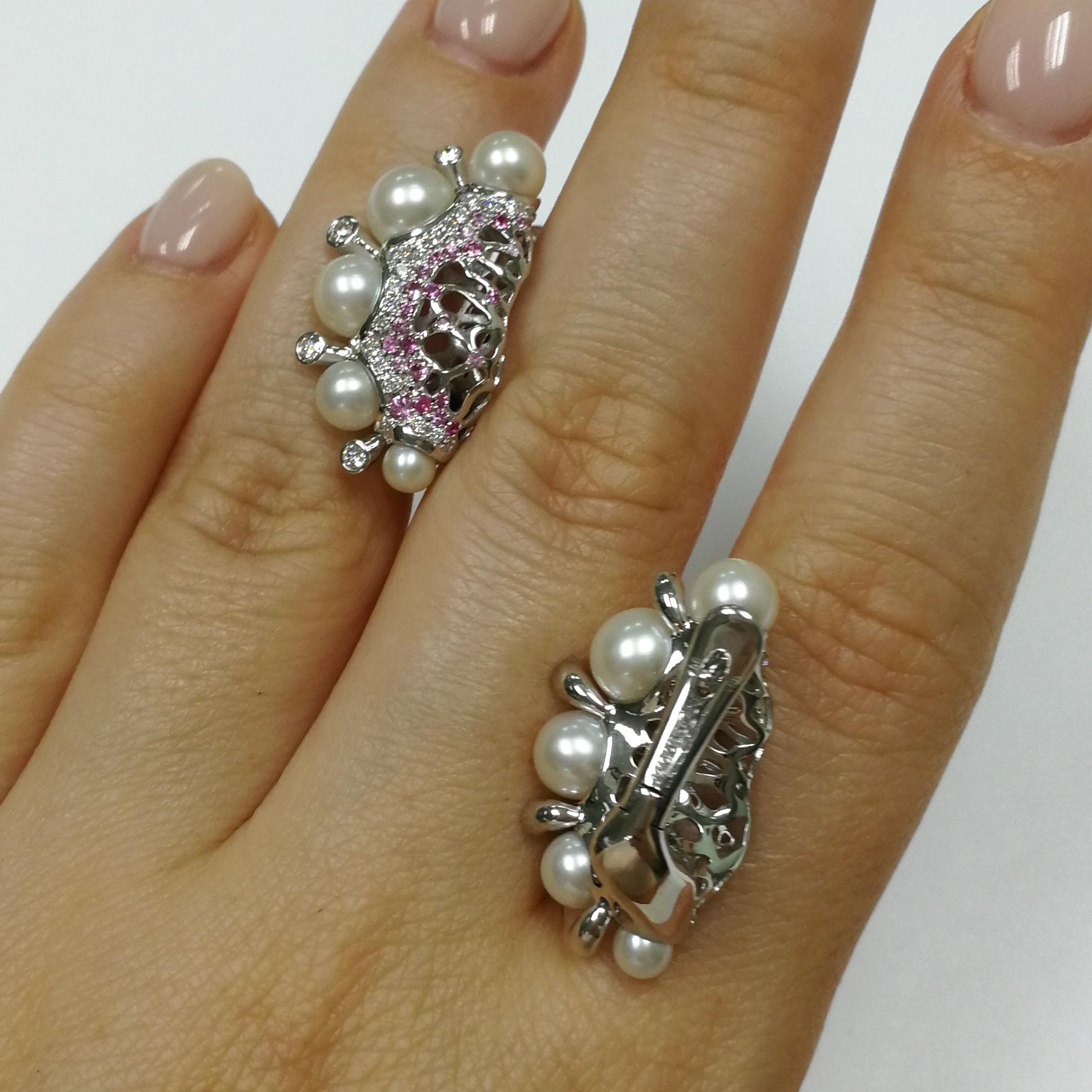 Perlen Diamanten Rosa Saphir 18 Karat Weißgold Korallen-Reef-Ohrringe für Damen oder Herren im Angebot