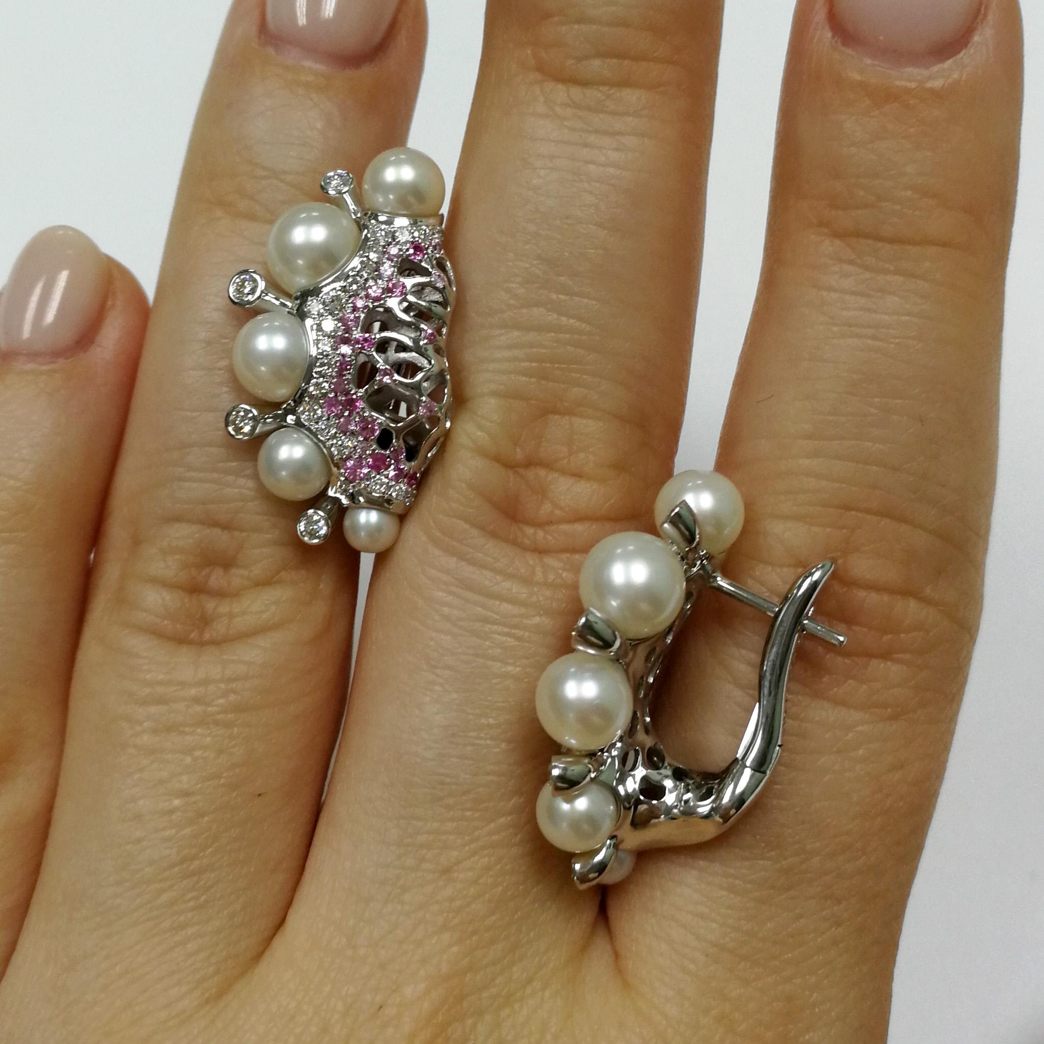Women's or Men's Pearls Diamonds Pink Sapphire 18 Karat White Gold Coral Reef Earrings For Sale