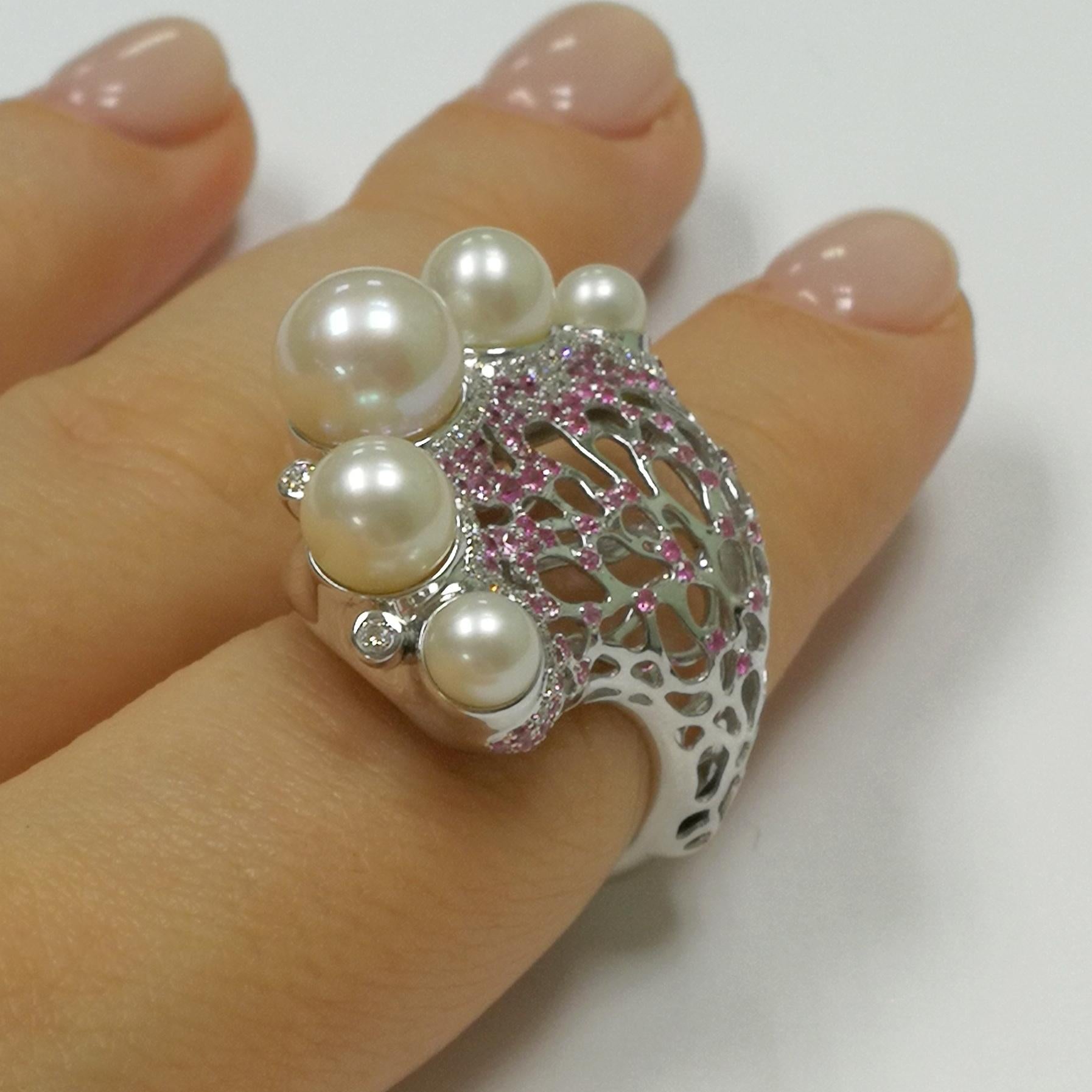Pearls Diamonds Pink Sapphires 18 Karat White Gold Coral Reef Ring For Sale 2