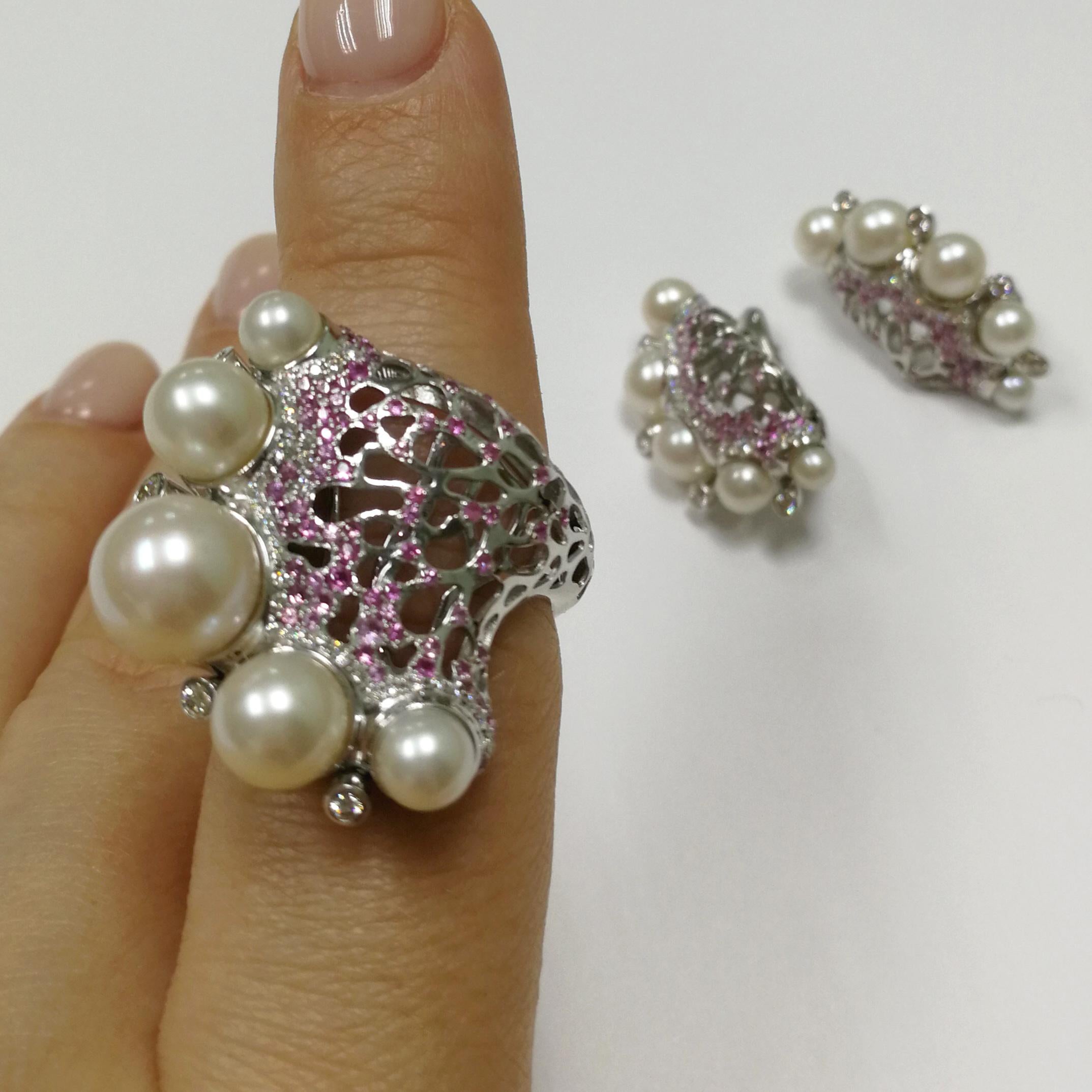 Pearls Diamonds Pink Sapphires 18 Karat White Gold Coral Reef Ring For Sale 3