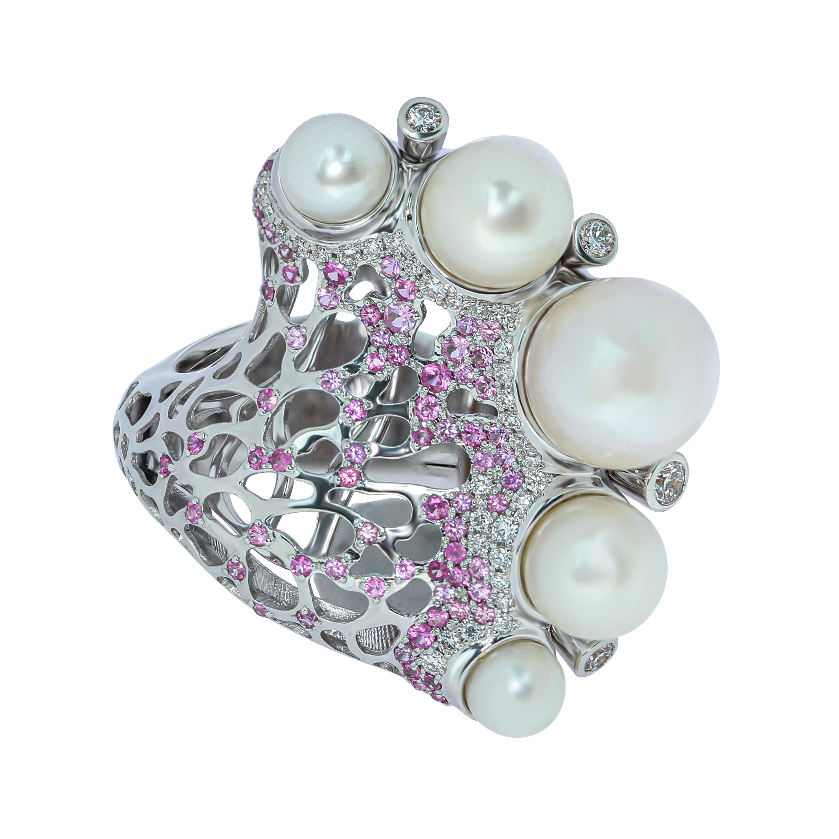Pearls 5 pieces Diamonds Pink Sapphires 18 Karat White Gold Coral Reef Ring
Ring from Coral Reef Collection continues the marine theme. It resembles both coral and sea waves, as in the engraving by Katsushika Hokusai 