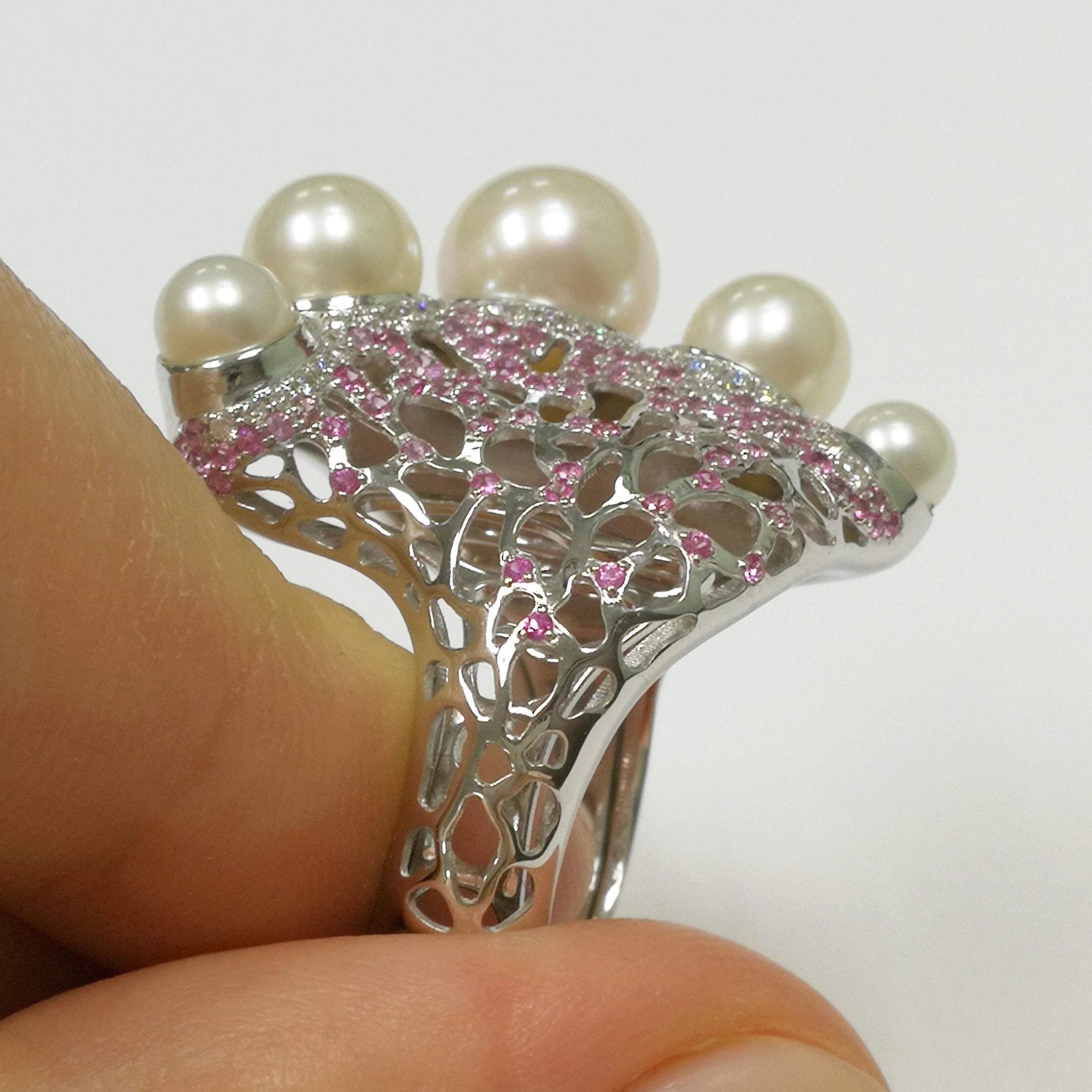 Contemporary Pearls Diamonds Pink Sapphires 18 Karat White Gold Coral Reef Ring For Sale
