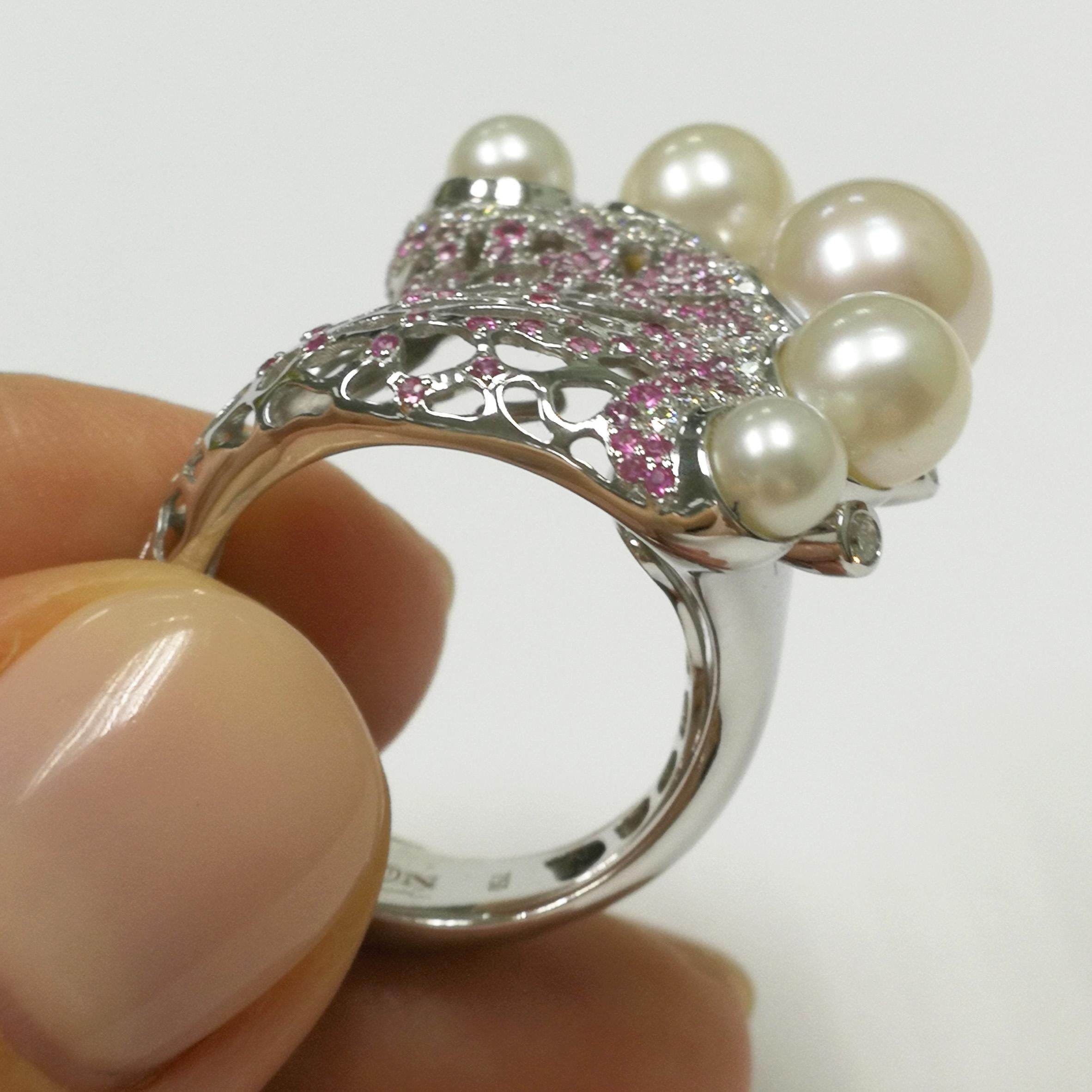 Mixed Cut Pearls Diamonds Pink Sapphires 18 Karat White Gold Coral Reef Ring For Sale