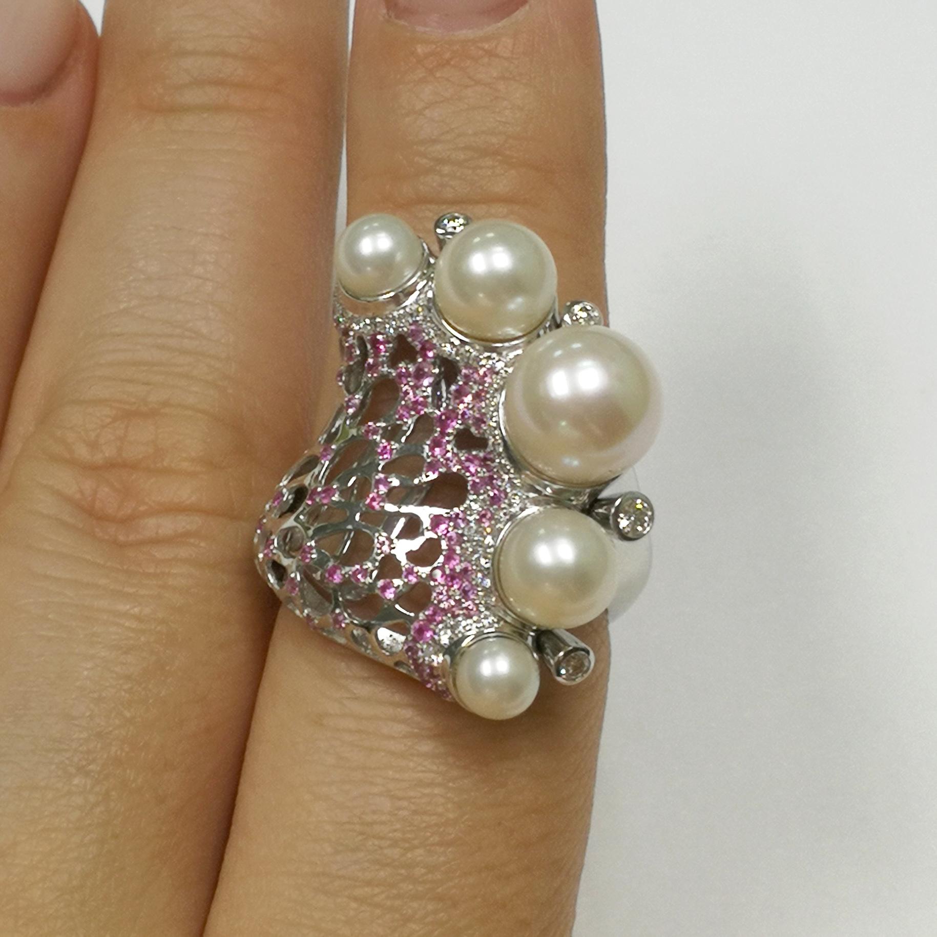 Women's Pearls Diamonds Pink Sapphires 18 Karat White Gold Coral Reef Ring For Sale