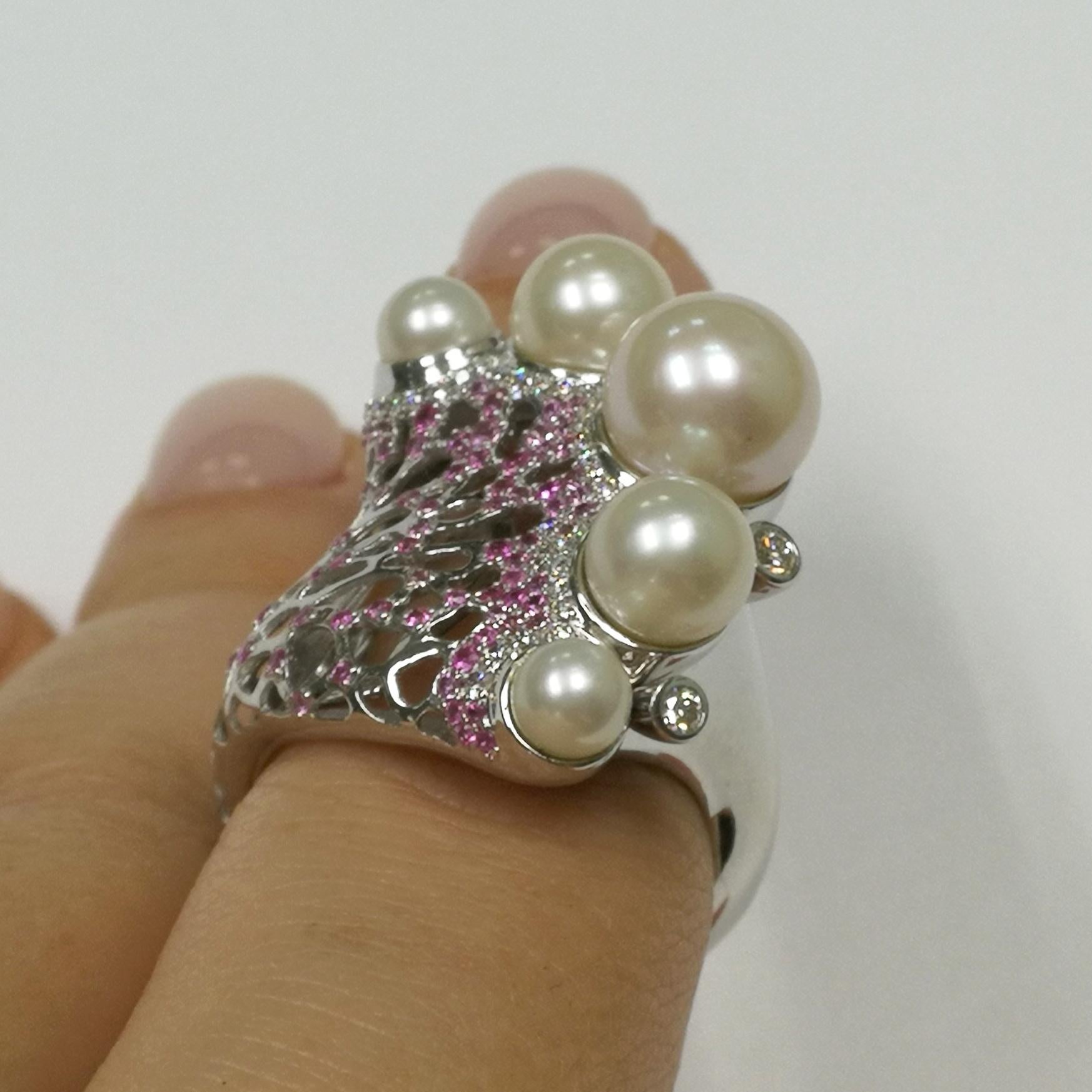 Pearls Diamonds Pink Sapphires 18 Karat White Gold Coral Reef Ring For Sale 1