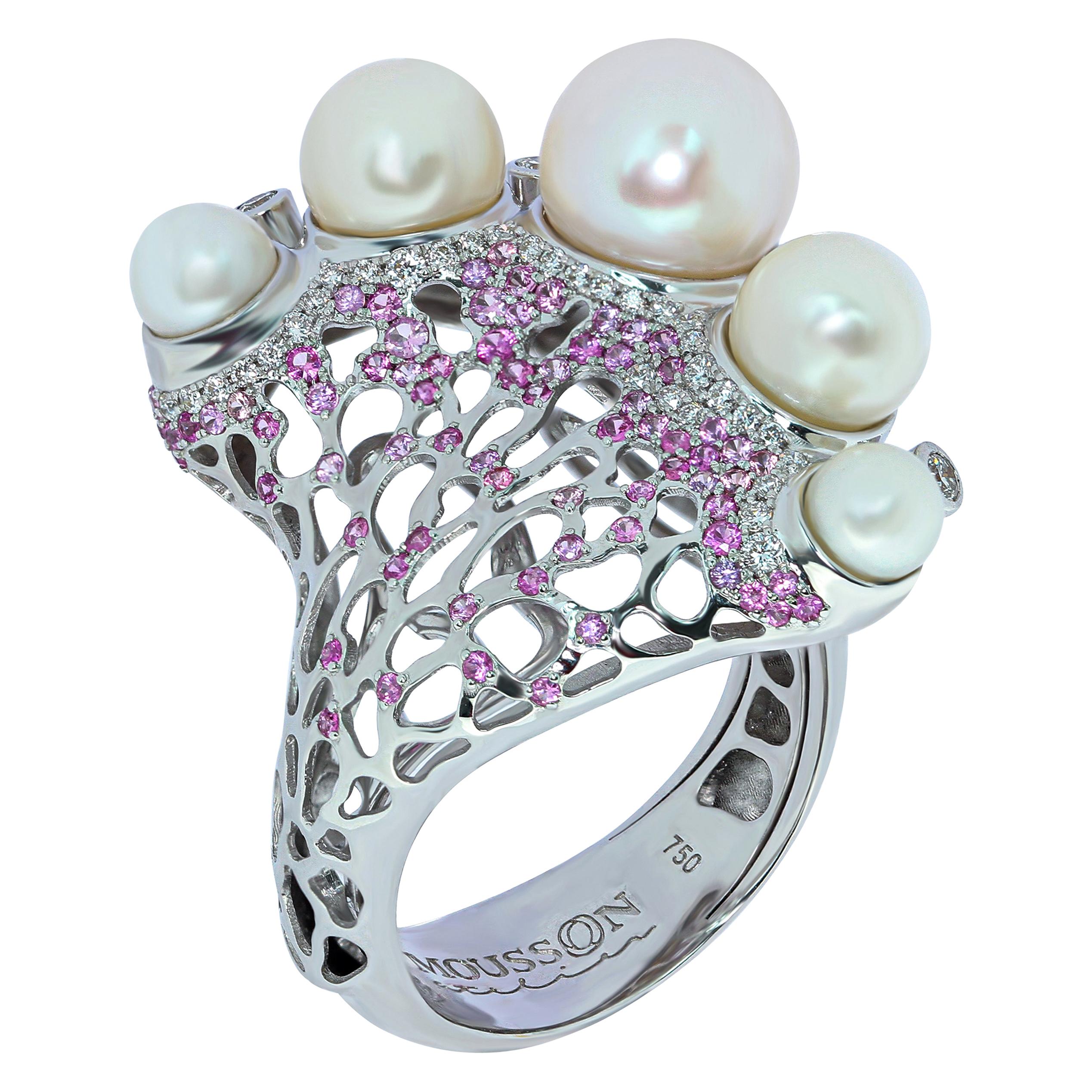 Pearls Diamonds Pink Sapphires 18 Karat White Gold Coral Reef Ring For Sale