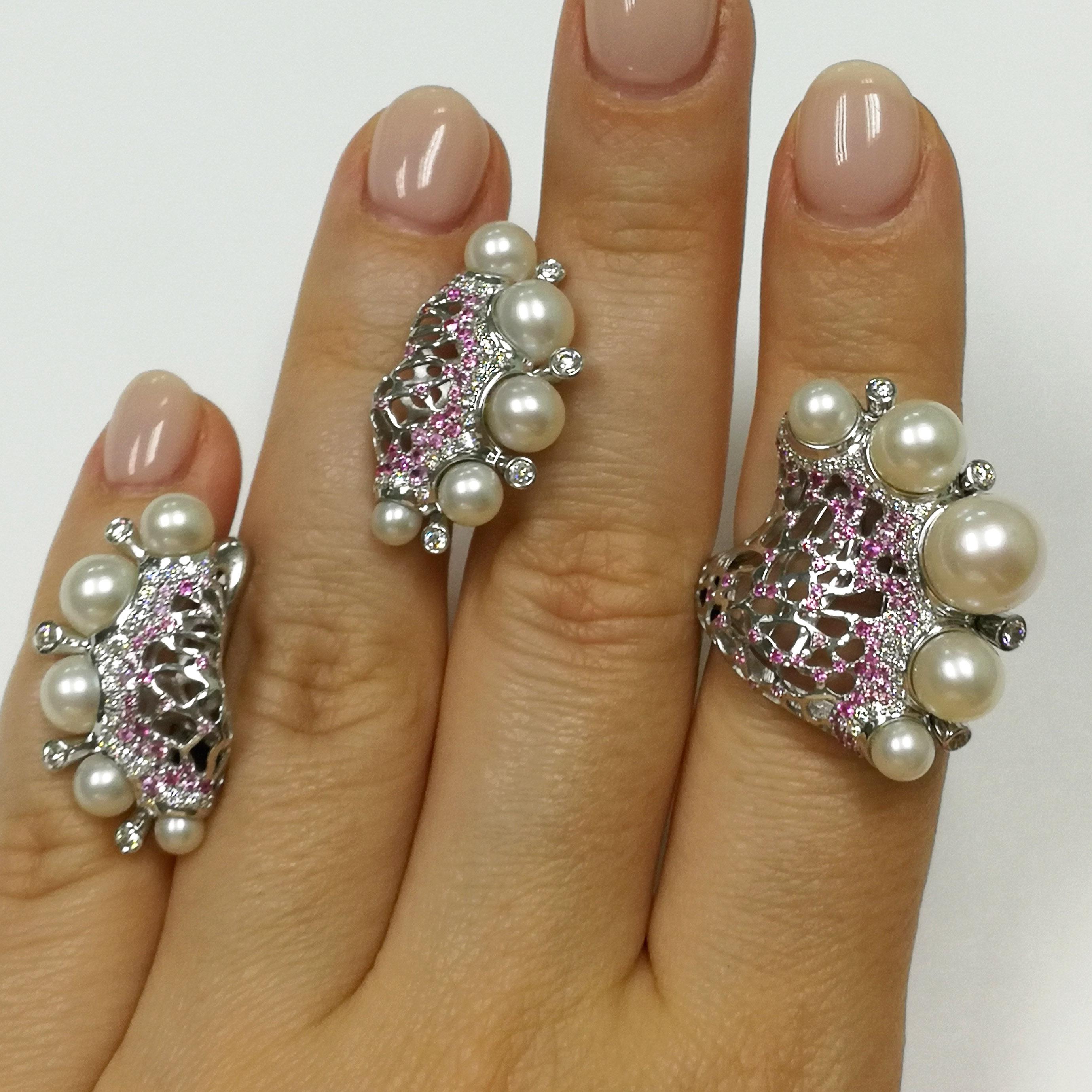 Pearls Diamonds Pink Sapphires 18 Karat White Gold Coral Reef Suite
Suite from Coral Reef Collection continues the marine theme. It resembles both coral and sea waves, as in the engraving by Katsushika Hokusai 
