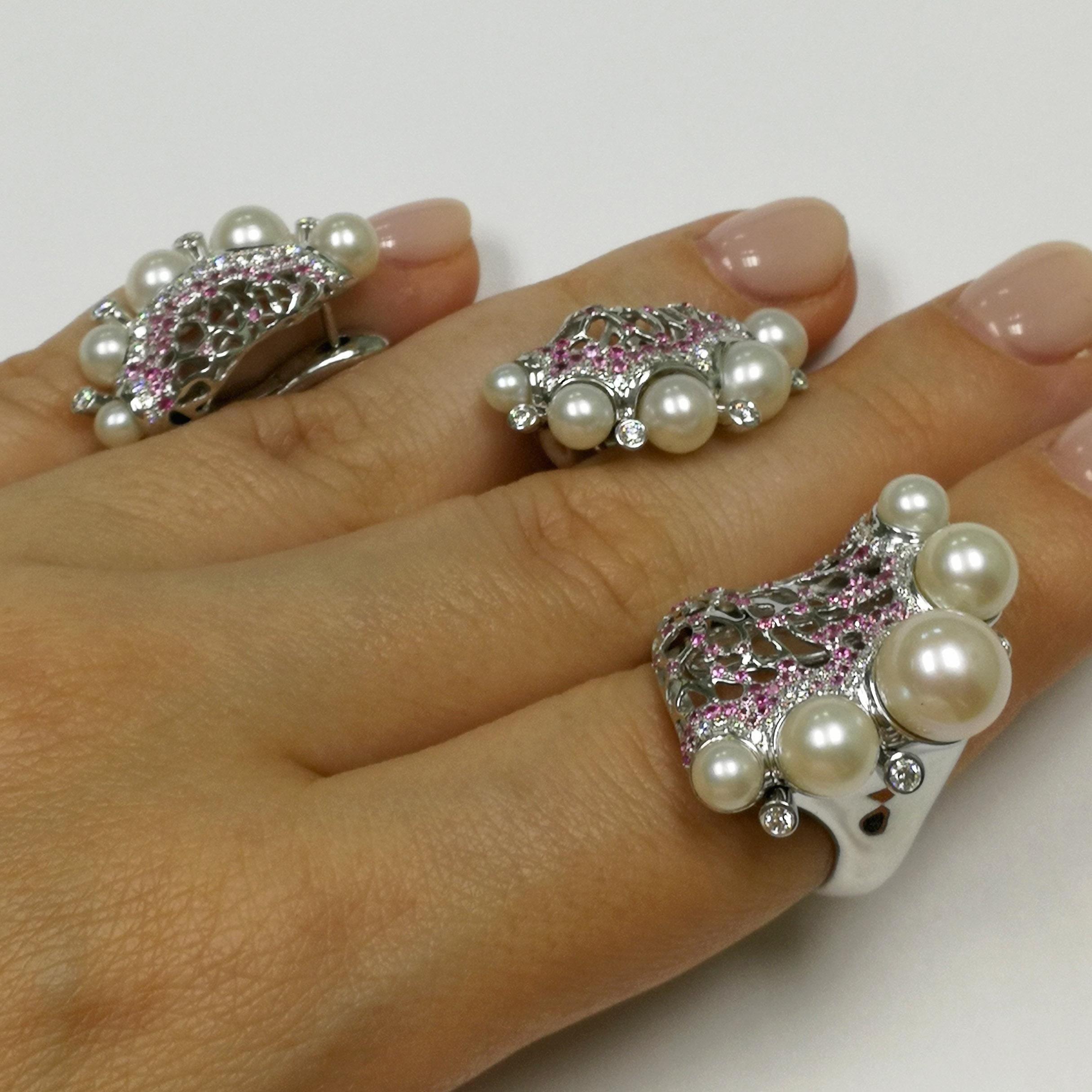 Contemporary Pearls Diamonds Pink Sapphires 18 Karat White Gold Coral Reef Suite For Sale
