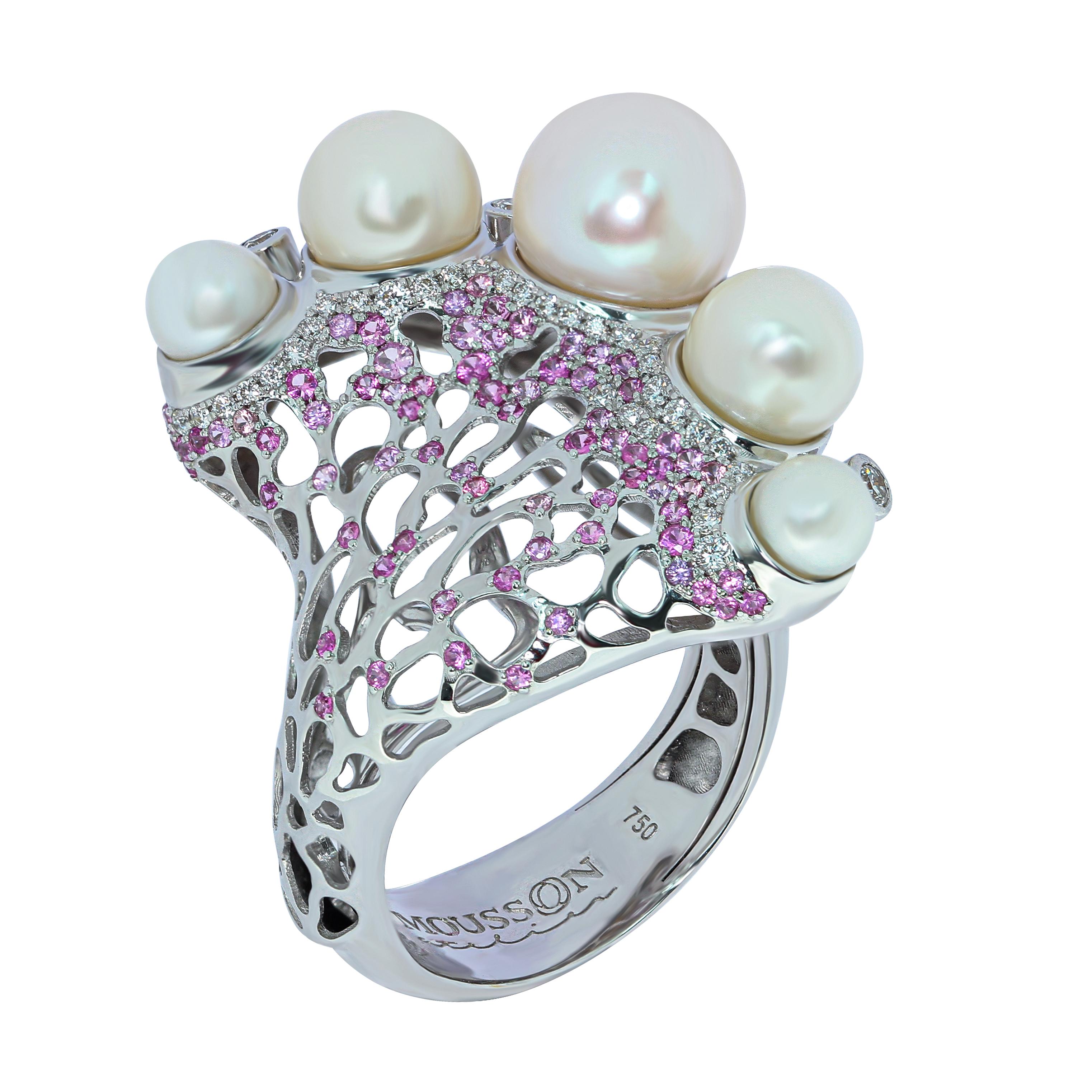 Pearls Diamonds Pink Sapphires 18 Karat White Gold Coral Reef Suite In Excellent Condition For Sale In Bangkok, TH