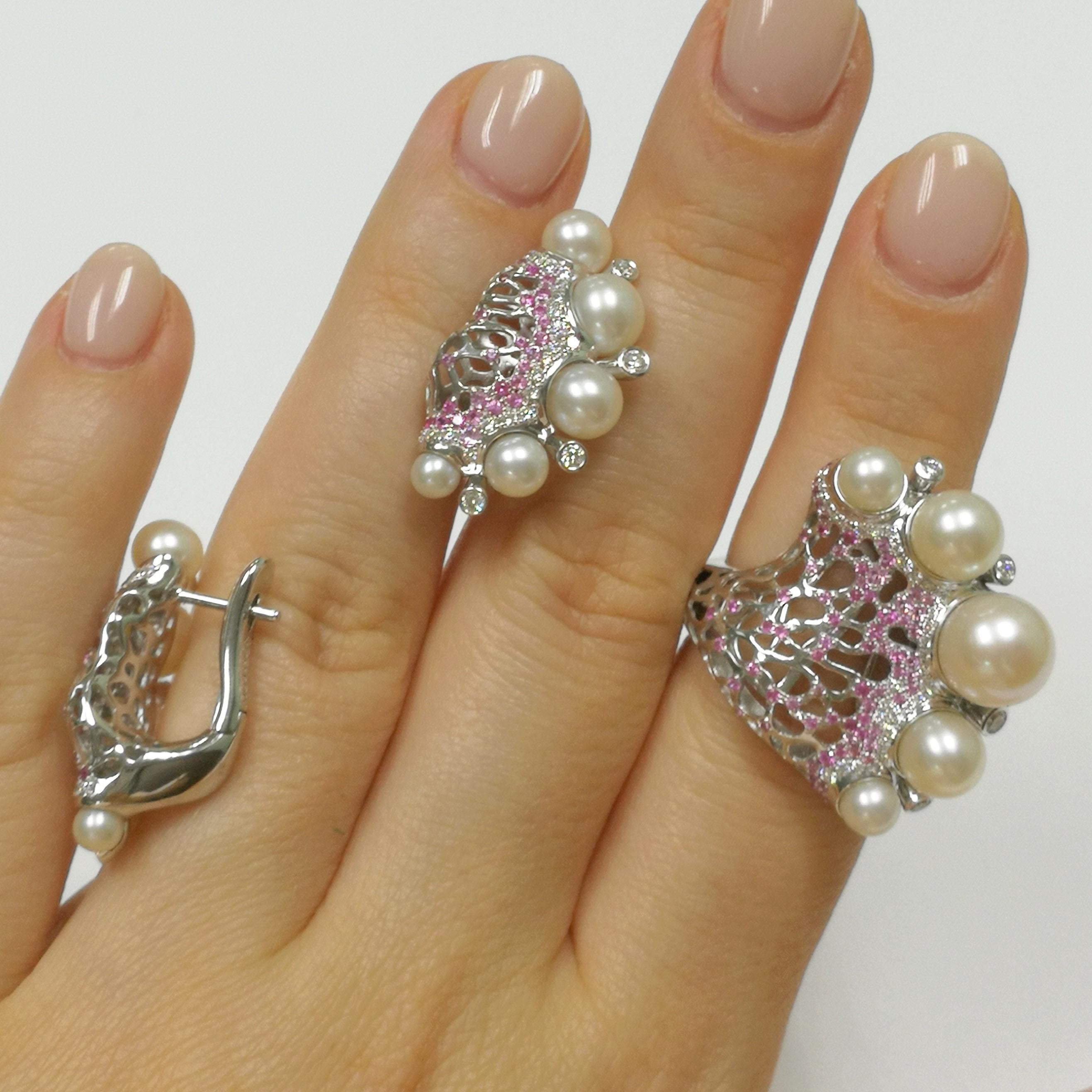 Perlen, Diamanten, rosa Saphire, 18 Karat Weißgold, Koralle, Reef-Suite Damen im Angebot
