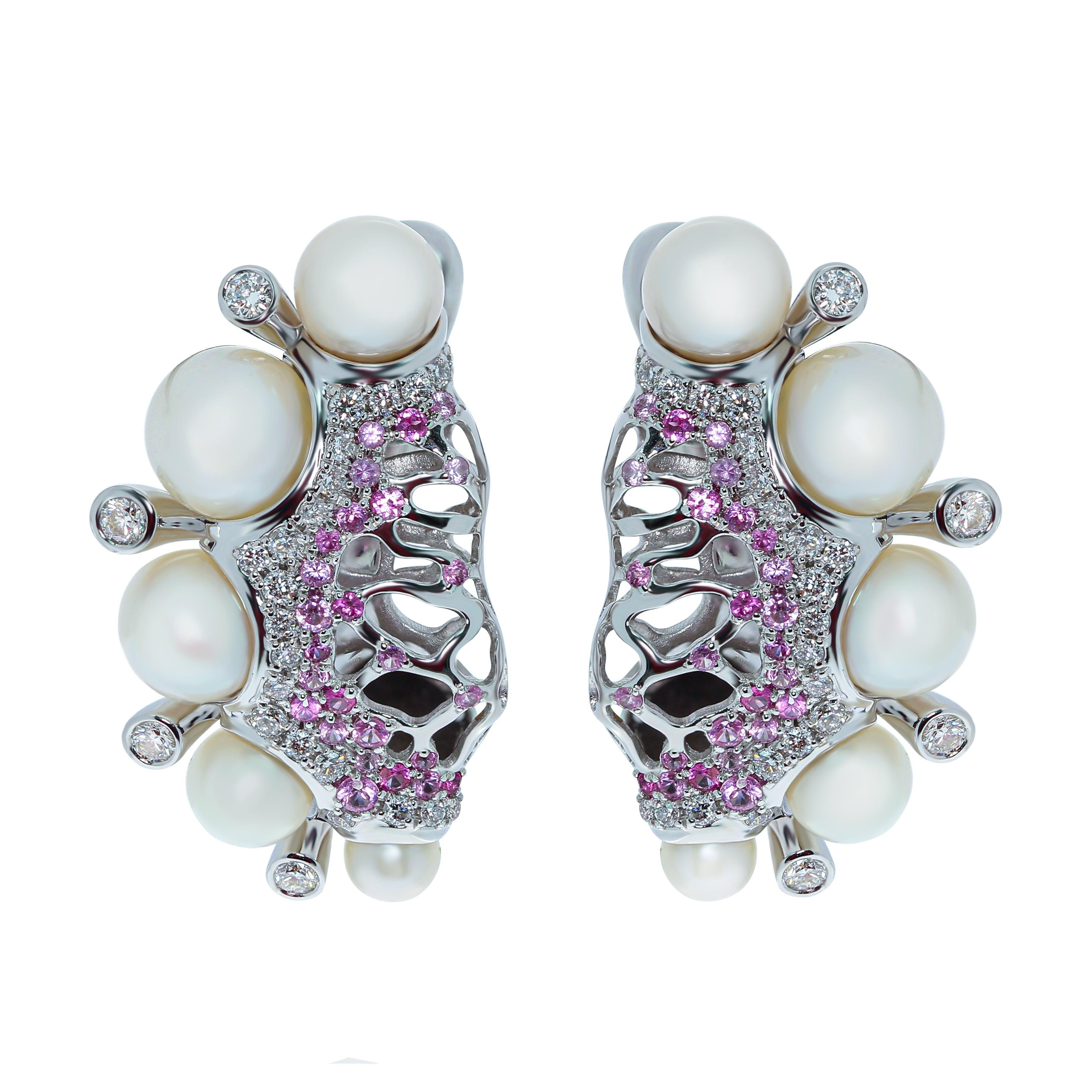 Pearls Diamonds Pink Sapphires 18 Karat White Gold Coral Reef Suite 1