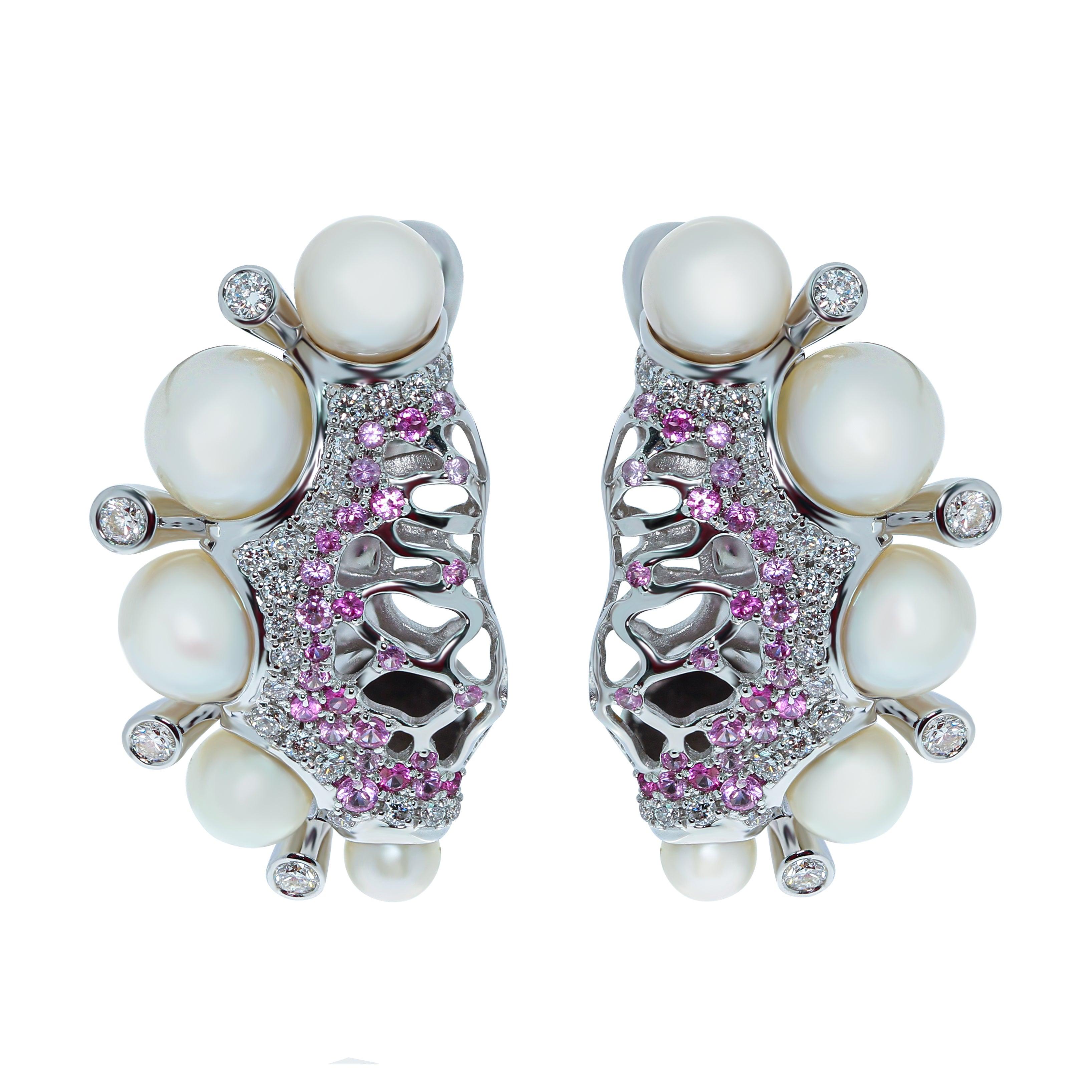 Pearls Diamonds Pink Sapphires 18 Karat White Gold Coral Reef Suite For Sale 1