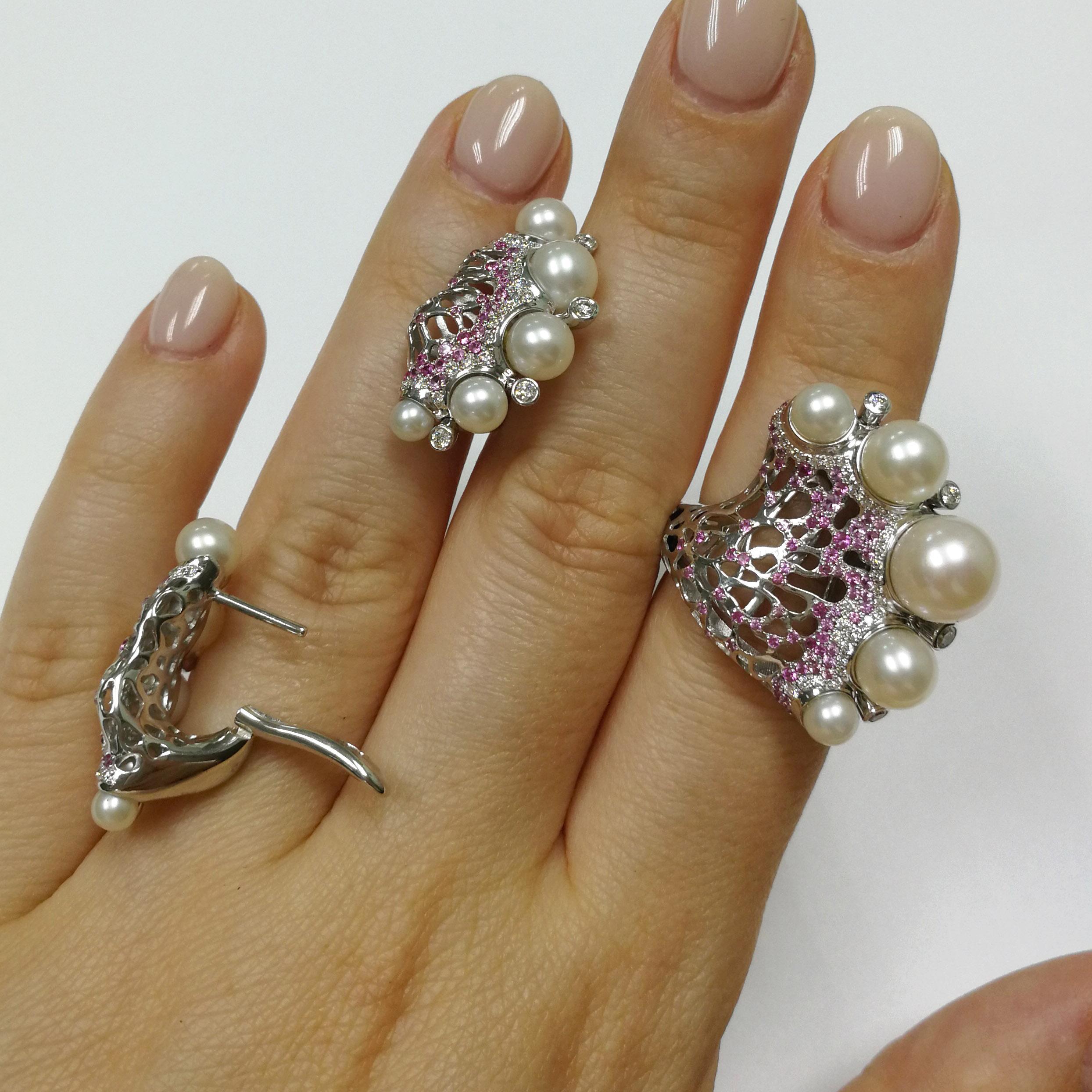Perlen, Diamanten, rosa Saphire, 18 Karat Weißgold, Koralle, Reef-Suite im Angebot 2