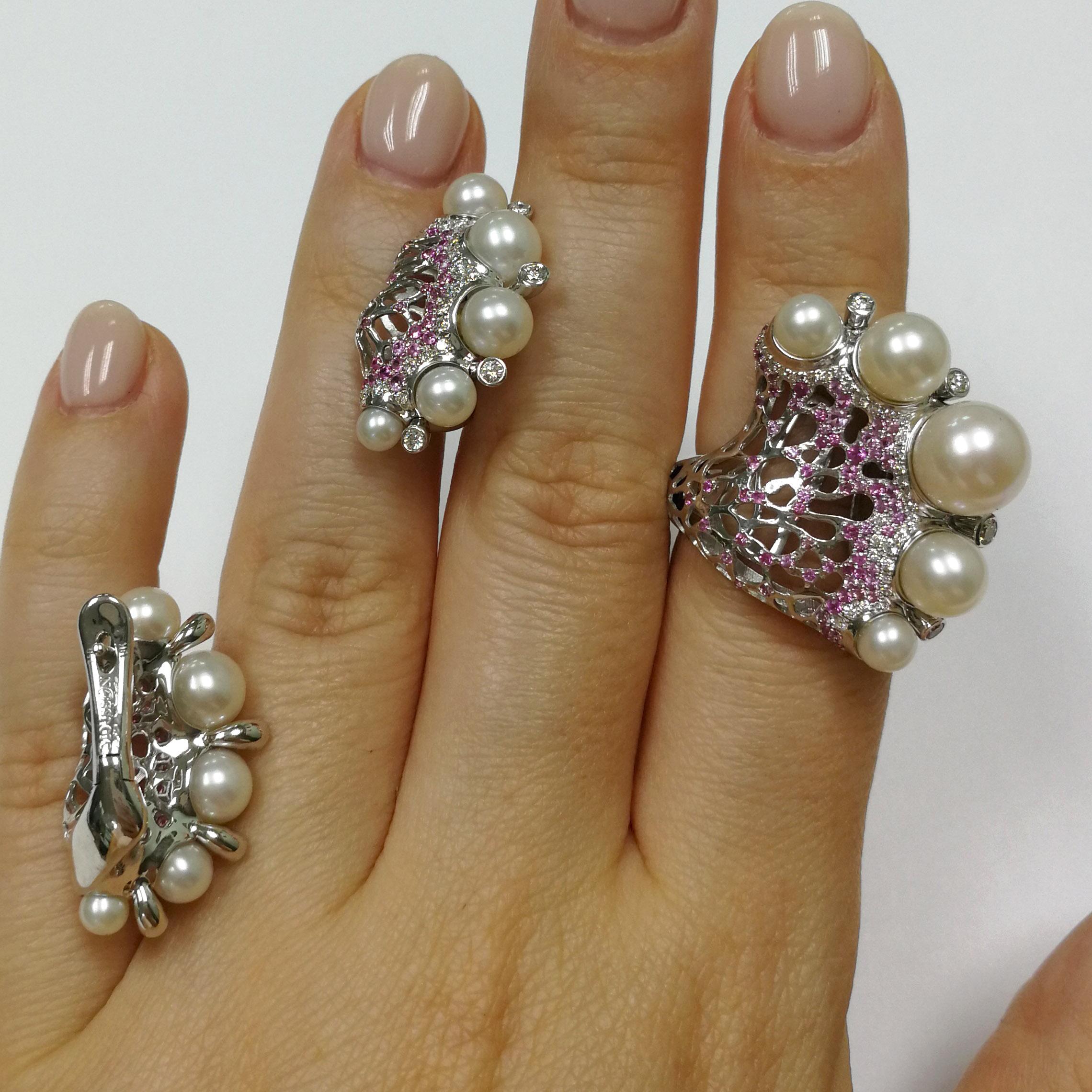 Perlen, Diamanten, rosa Saphire, 18 Karat Weißgold, Koralle, Reef-Suite im Angebot 4