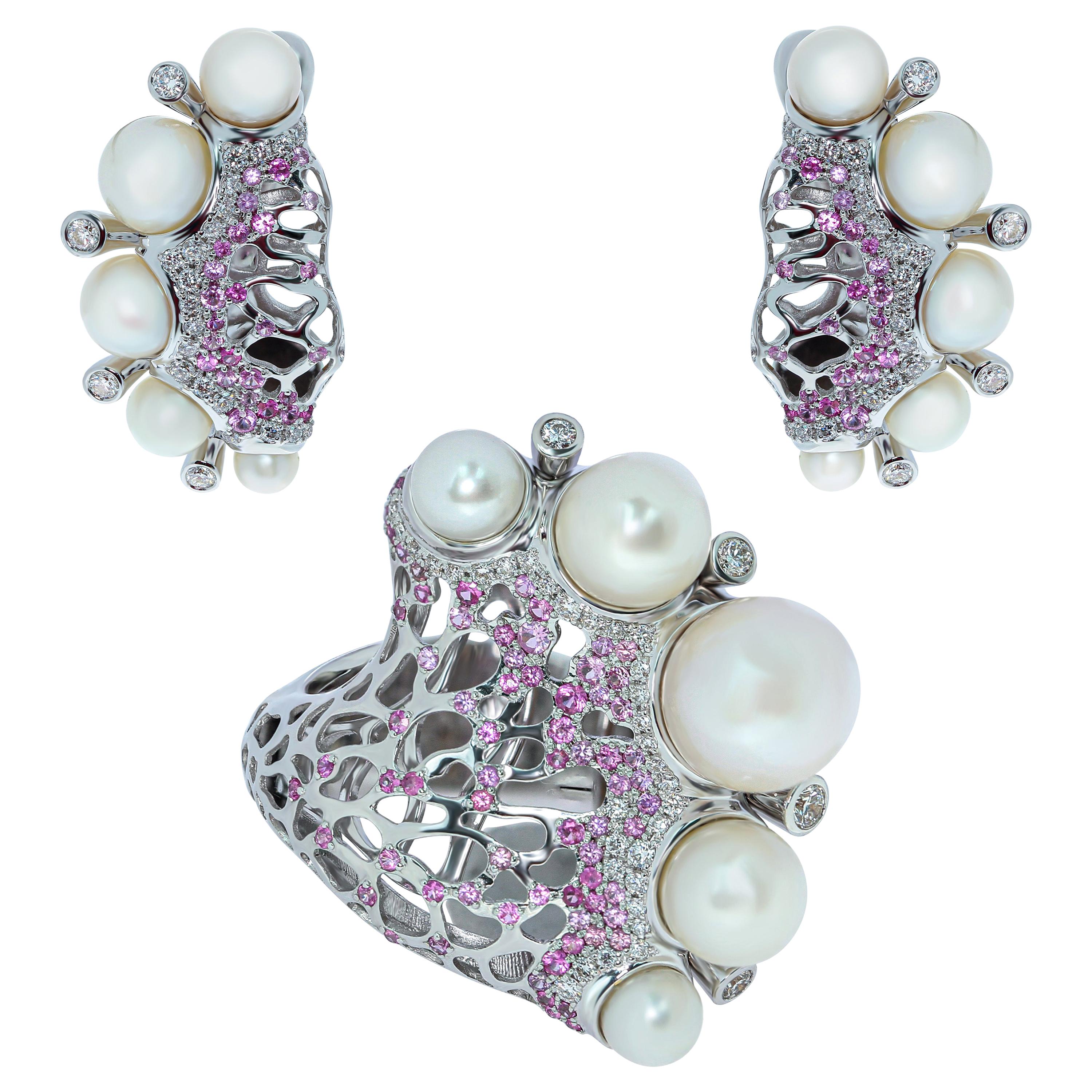 Pearls Diamonds Pink Sapphires 18 Karat White Gold Coral Reef Suite For Sale