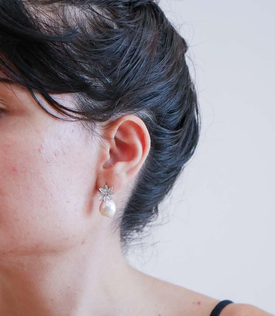 Taille mixte Perles, diamants, platine Boucles d'oreilles. en vente