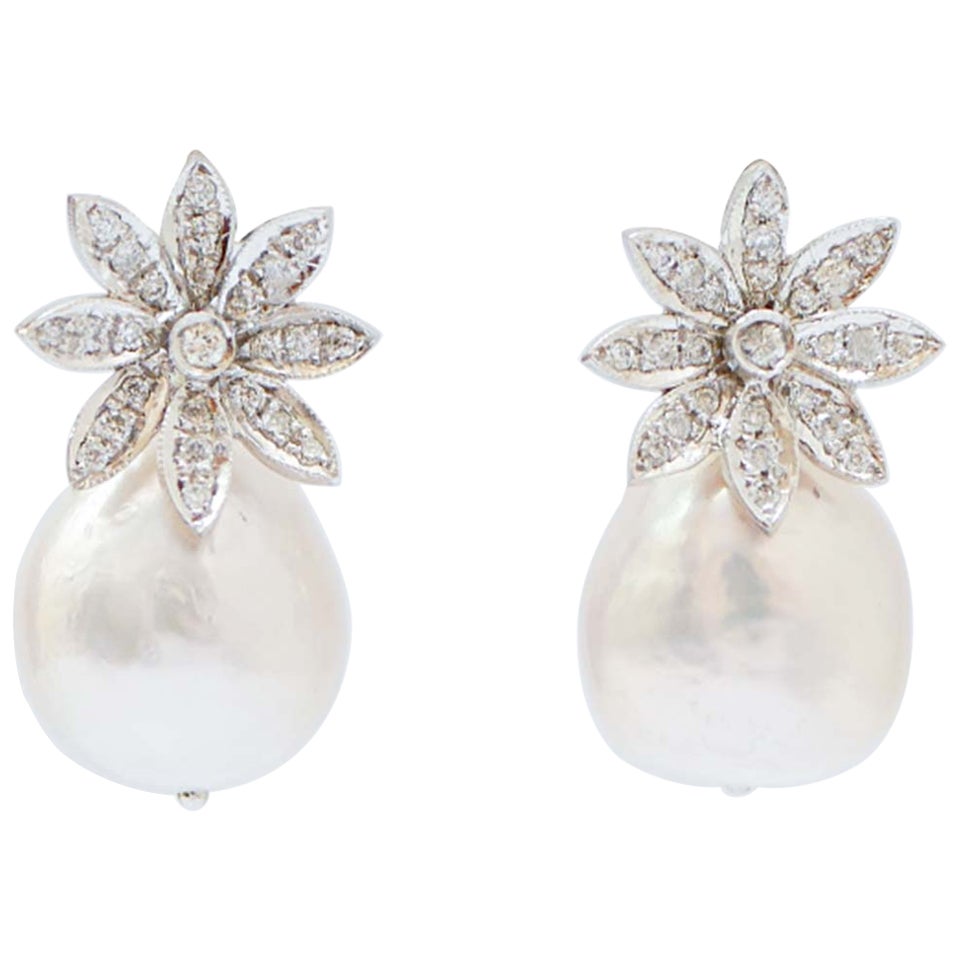 Perles, diamants, platine Boucles d'oreilles.