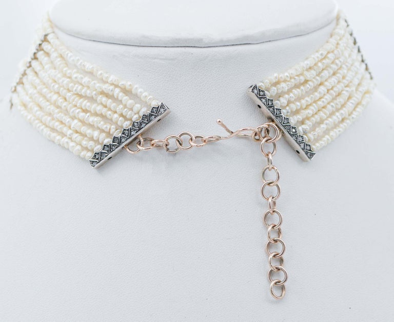 Pearls, Diamonds, Rose Gold and Silver Choker Necklace For Sale at 1stDibs