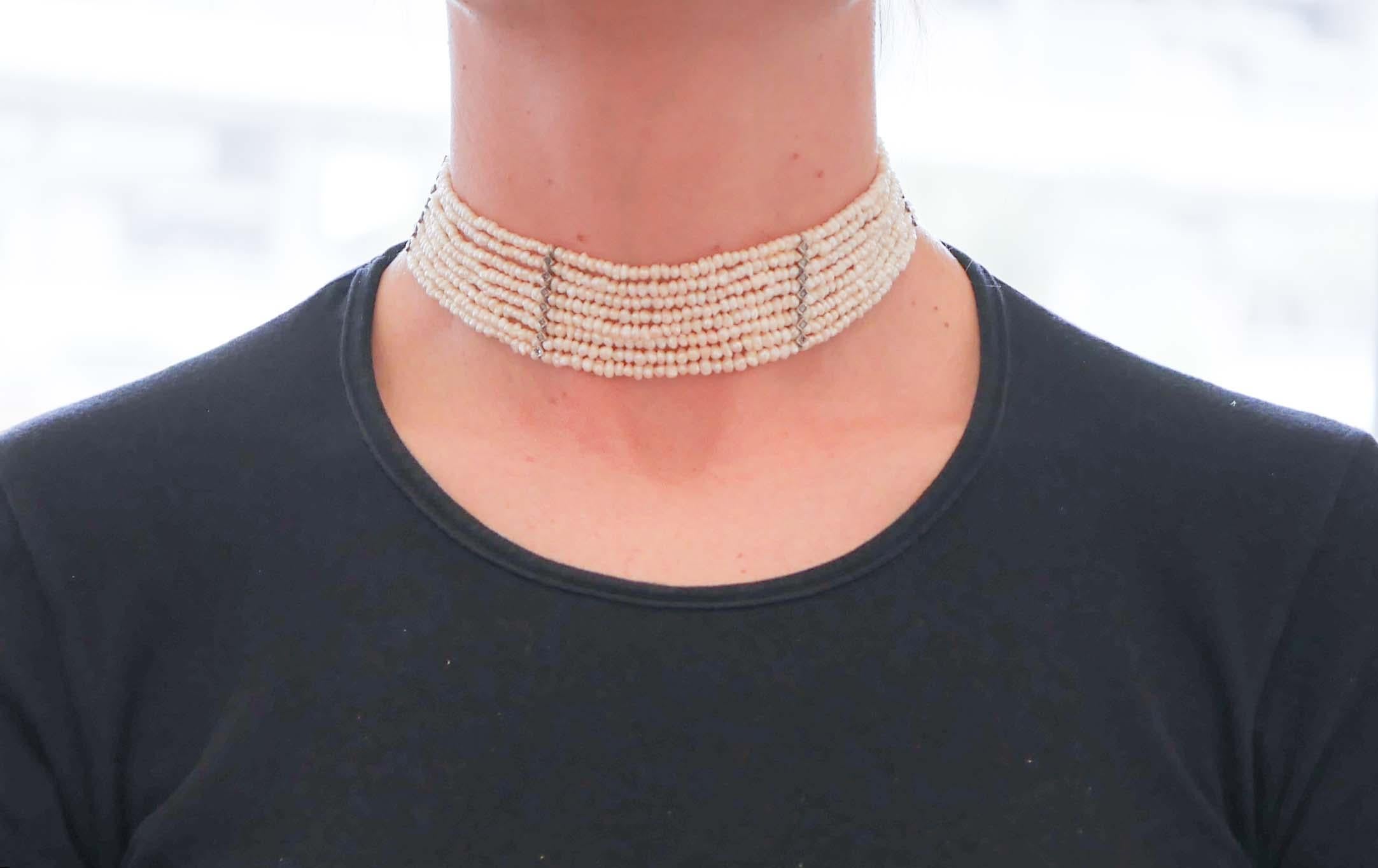 Retro Pearls, Diamonds, Rose Gold and Silver Choker Necklace