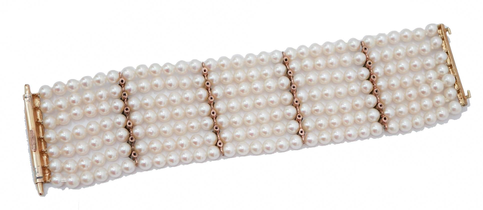 Rétro Bracciale Retrò con perle, diamanti, oro rosa e argento. in vendita