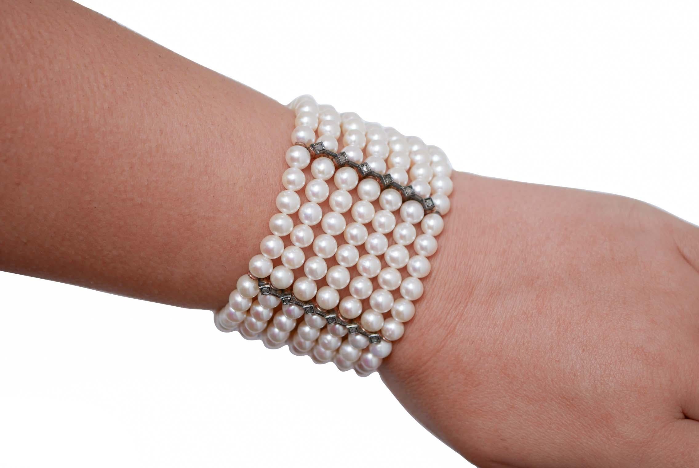 Taglio misto Bracciale Retrò con perle, diamanti, oro rosa e argento. in vendita