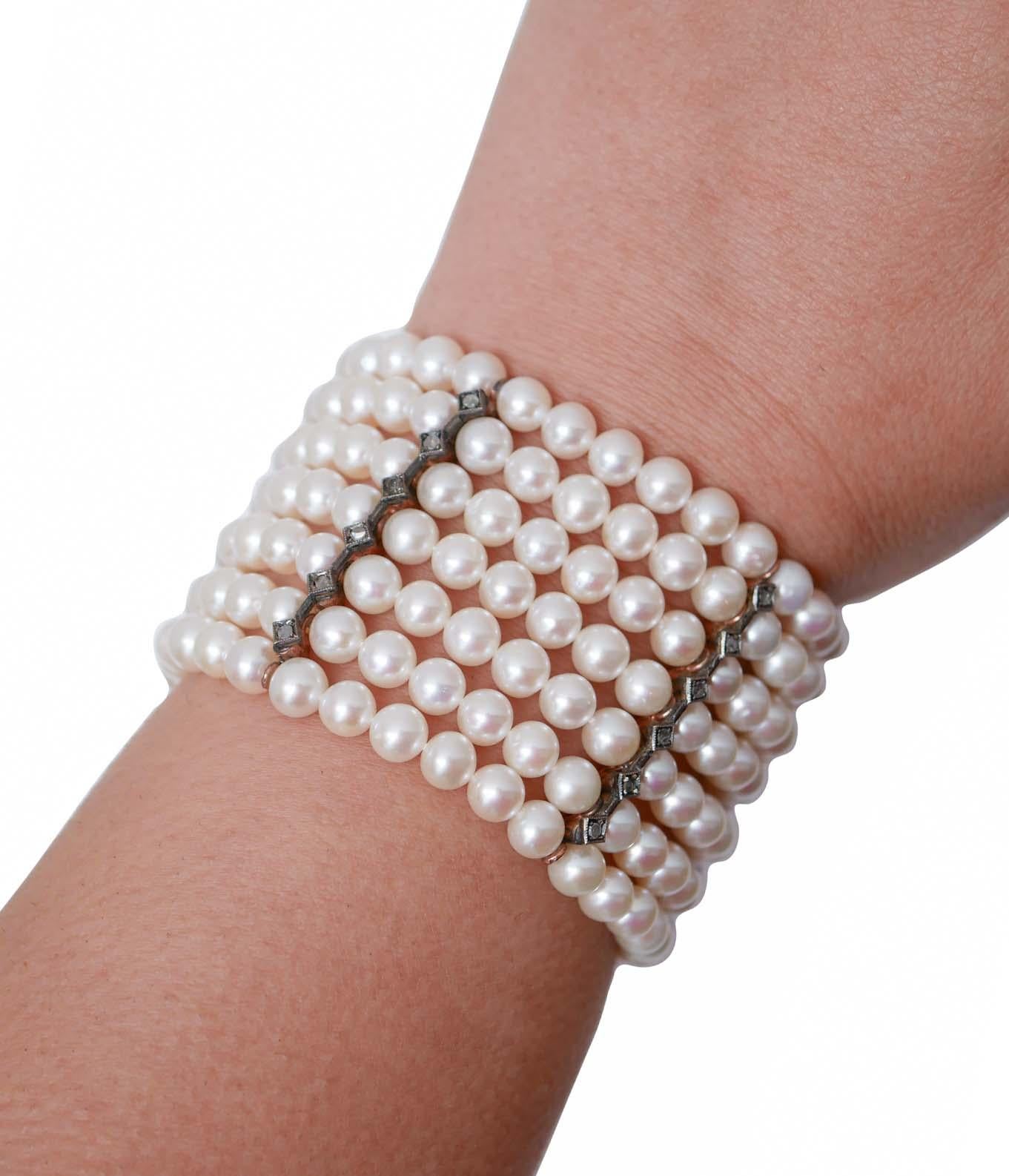 Bracciale Retrò con perle, diamanti, oro rosa e argento. In condizioni buone in vendita a Marcianise, Marcianise (CE)
