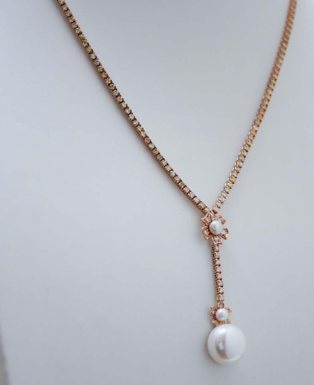 Perlen, Diamanten, Rose Gold Tennis Halskette. (Retro) im Angebot