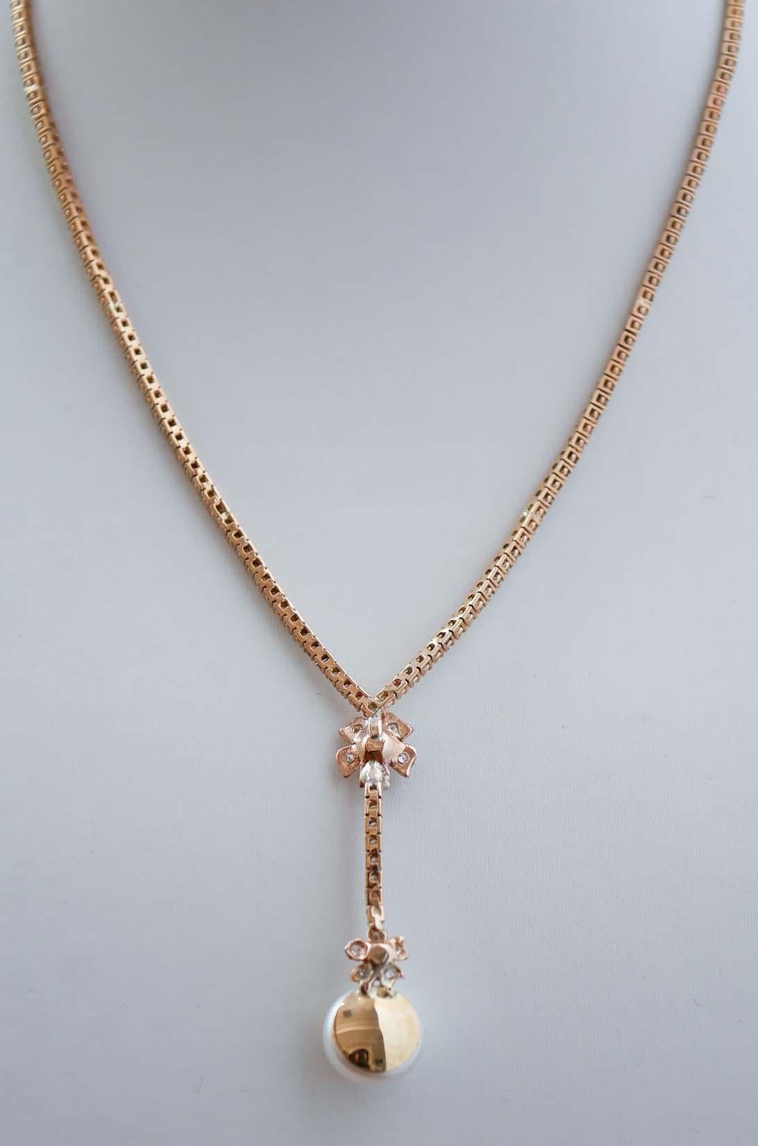 Perlen, Diamanten, Rose Gold Tennis Halskette. (Gemischter Schliff) im Angebot