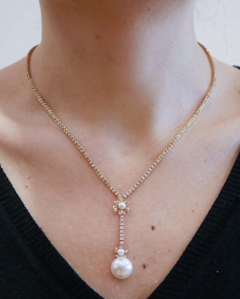 Perlen, Diamanten, Rose Gold Tennis Halskette. Damen im Angebot