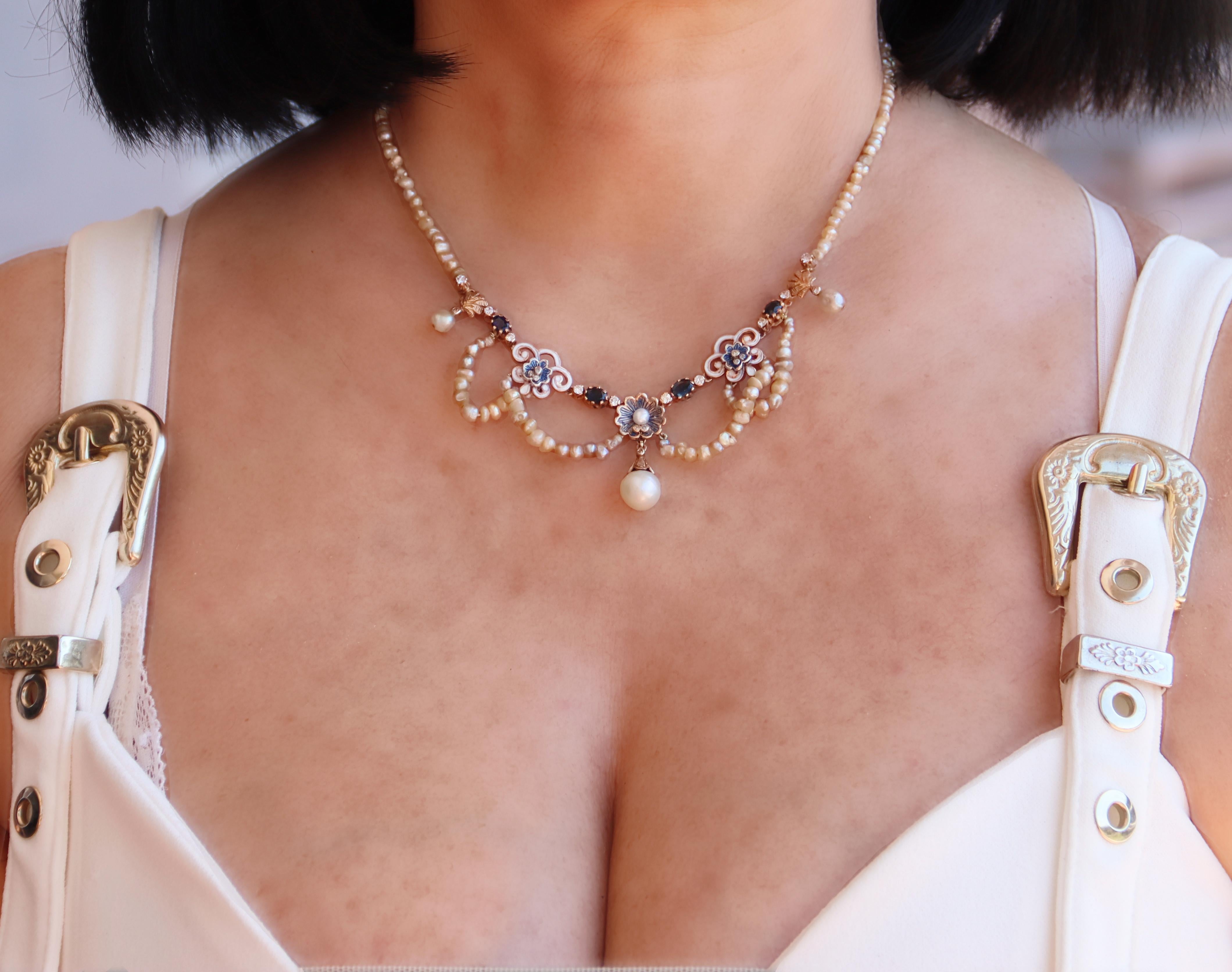 De las mujeres Collar Colgante Perlas Diamantes Zafiros Oro Amarillo 9 Kilates en venta