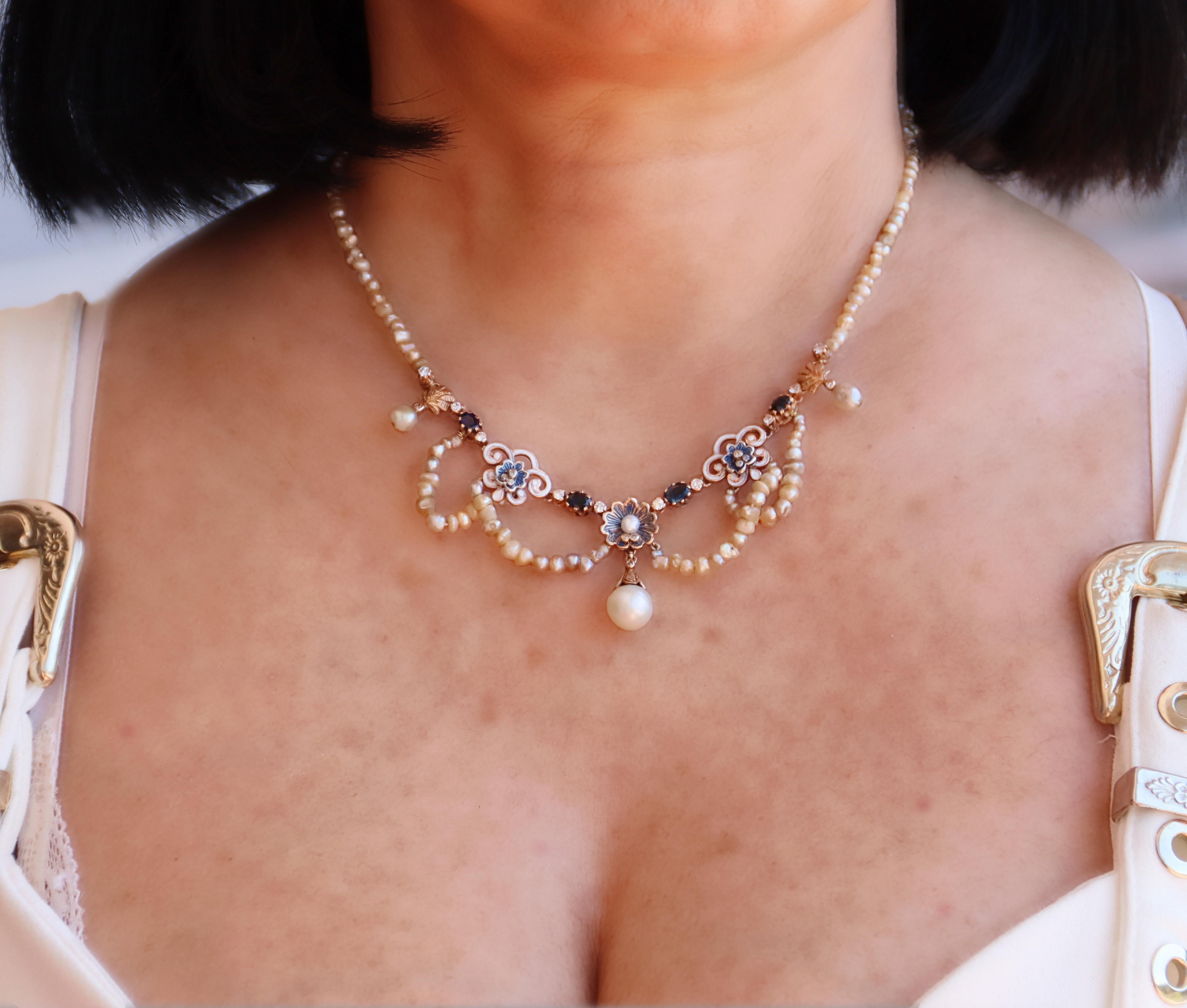 Collar Colgante Perlas Diamantes Zafiros Oro Amarillo 9 Kilates en venta 1