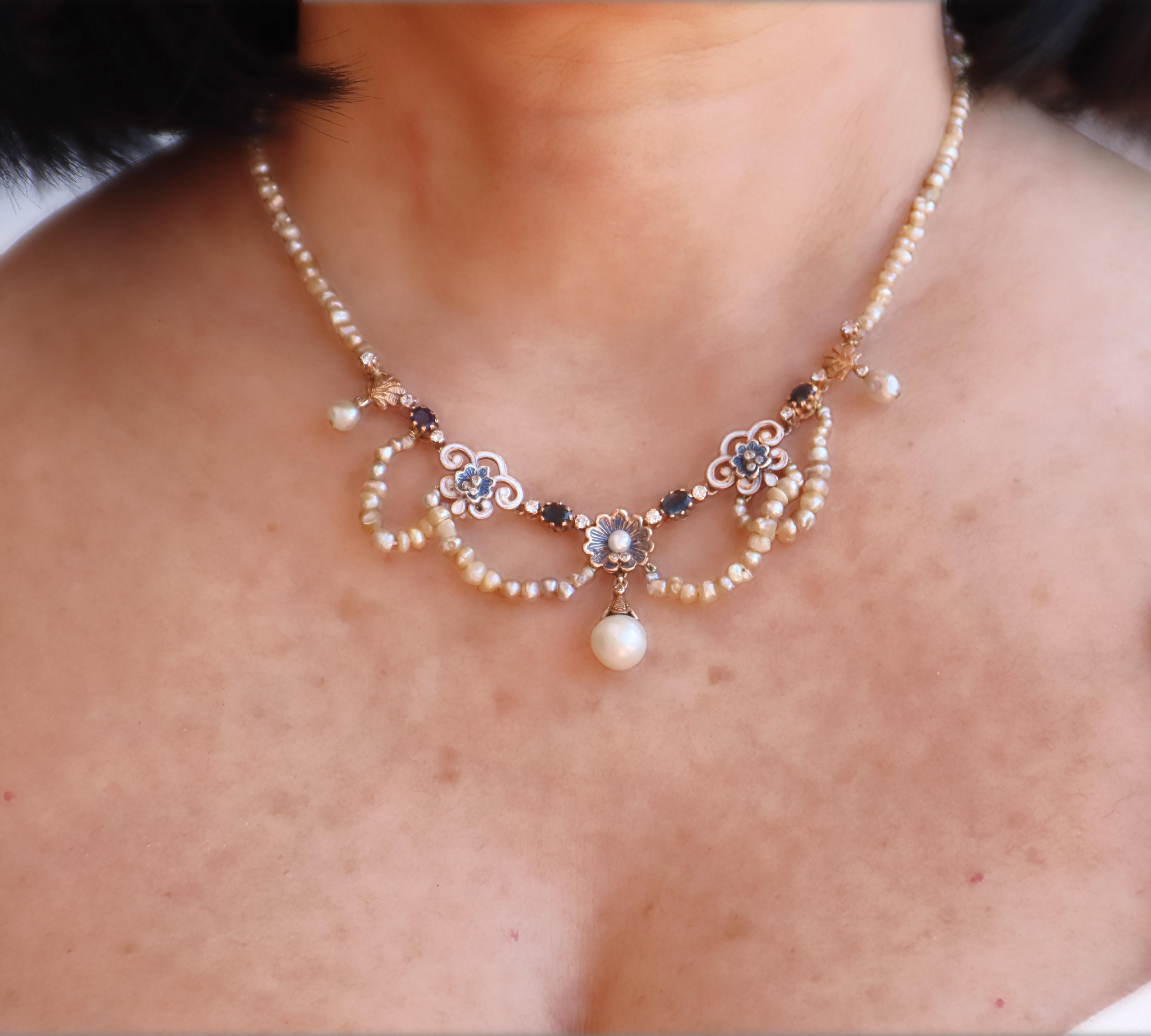 Collar Colgante Perlas Diamantes Zafiros Oro Amarillo 9 Kilates en venta 2