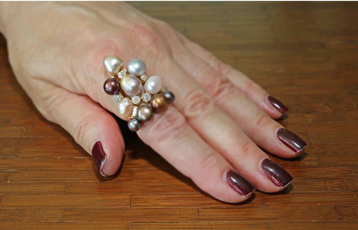 Goldring mit Perlen und Diamanten für jeden Finger im Angebot 3