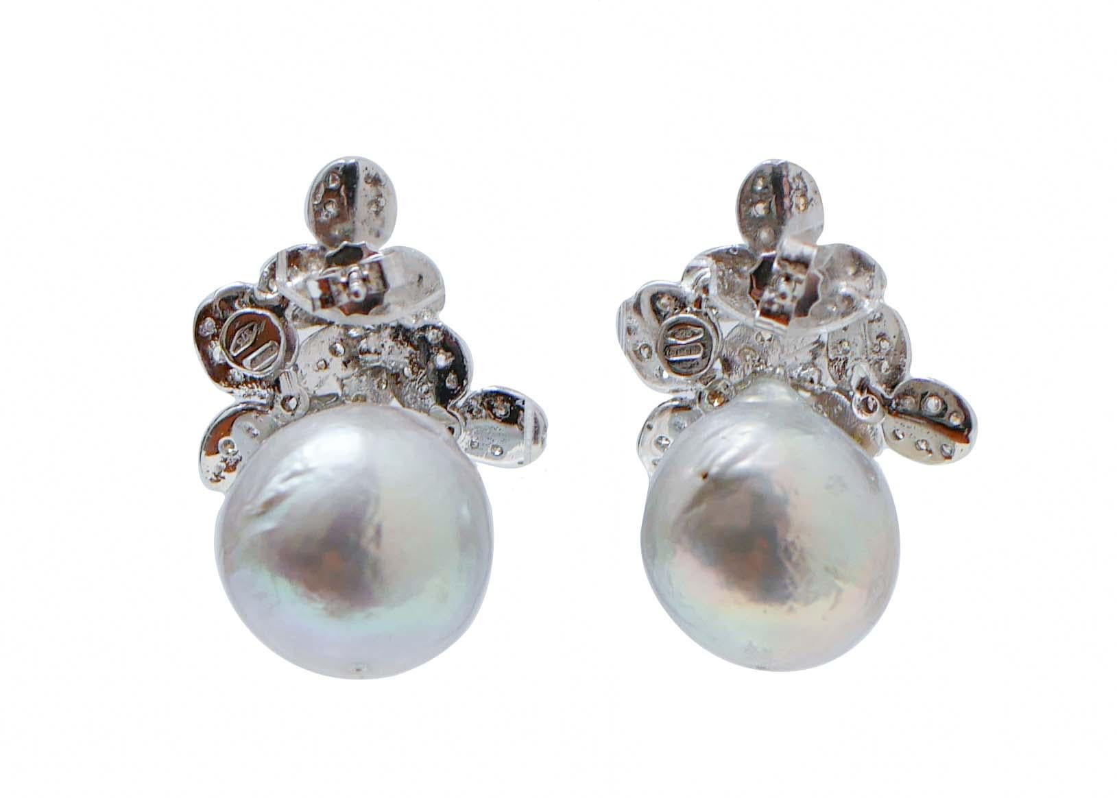 Retro Pearls, Diamonds, White Gold Earrings. For Sale