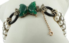 Pearls, Diamonds, Onyx, Green Agate 9 Karat Gold and Silver Beaded Bracelet