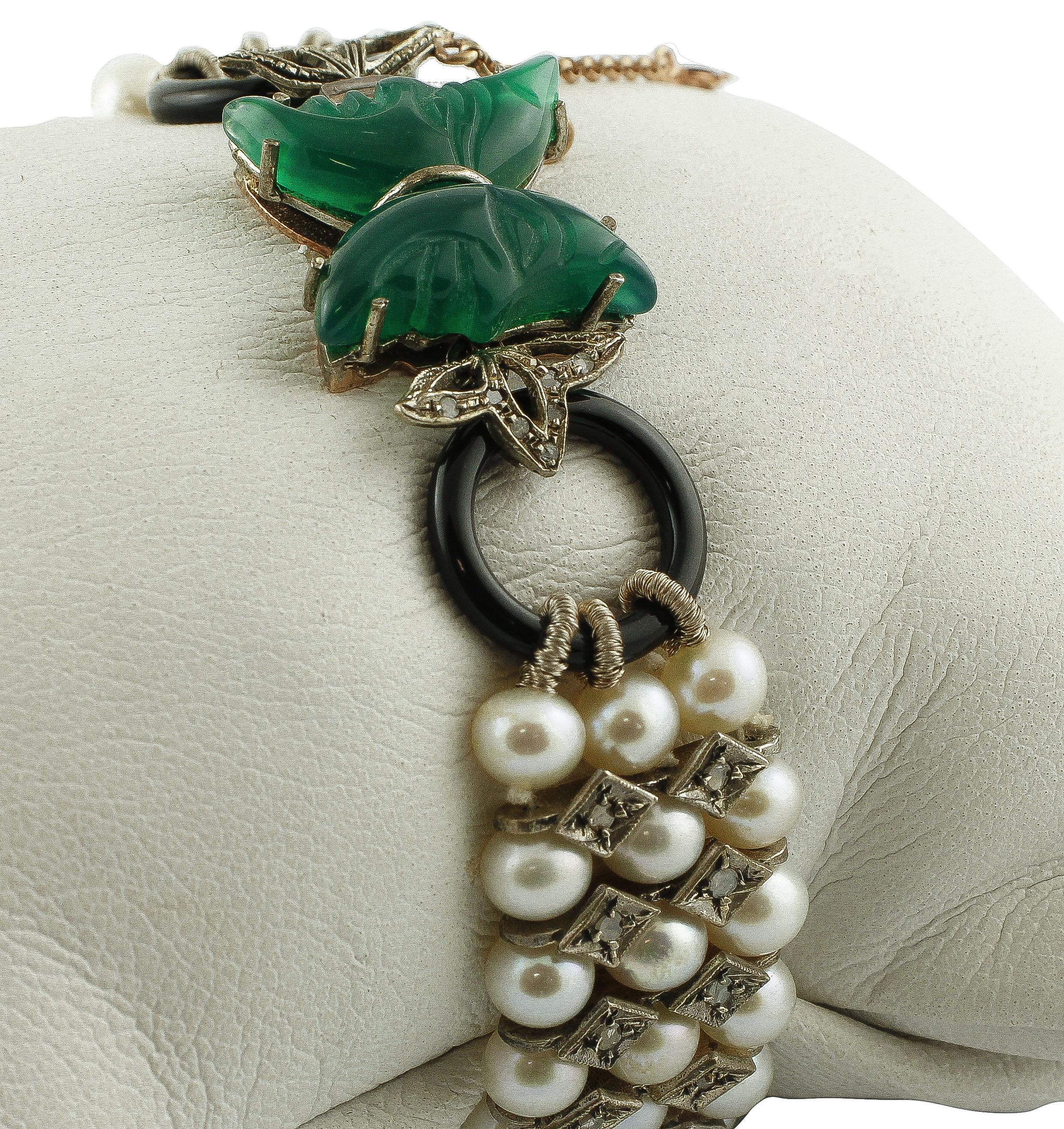 Retro Pearls, Diamonds, Onyx, Green Agate 9 Karat Gold and Silver Beaded Bracelet