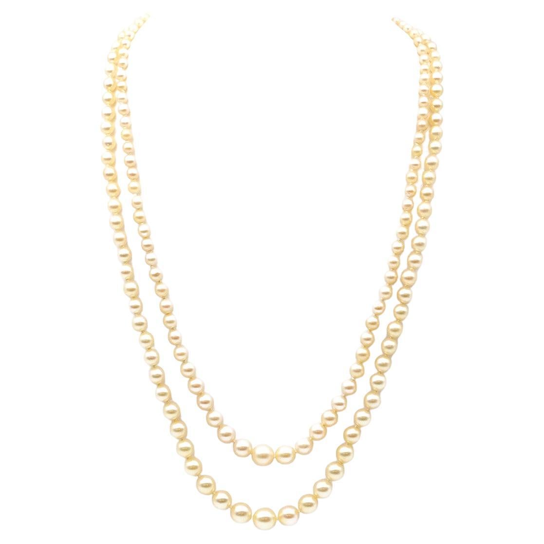 Pearls double strand necklace with 18k white gold clasp, cultured pearls For Sale