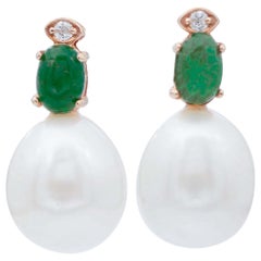 Pearls, Emeralds, Diamonds, 14 Karat Rose Gold Dangle Big Earrings