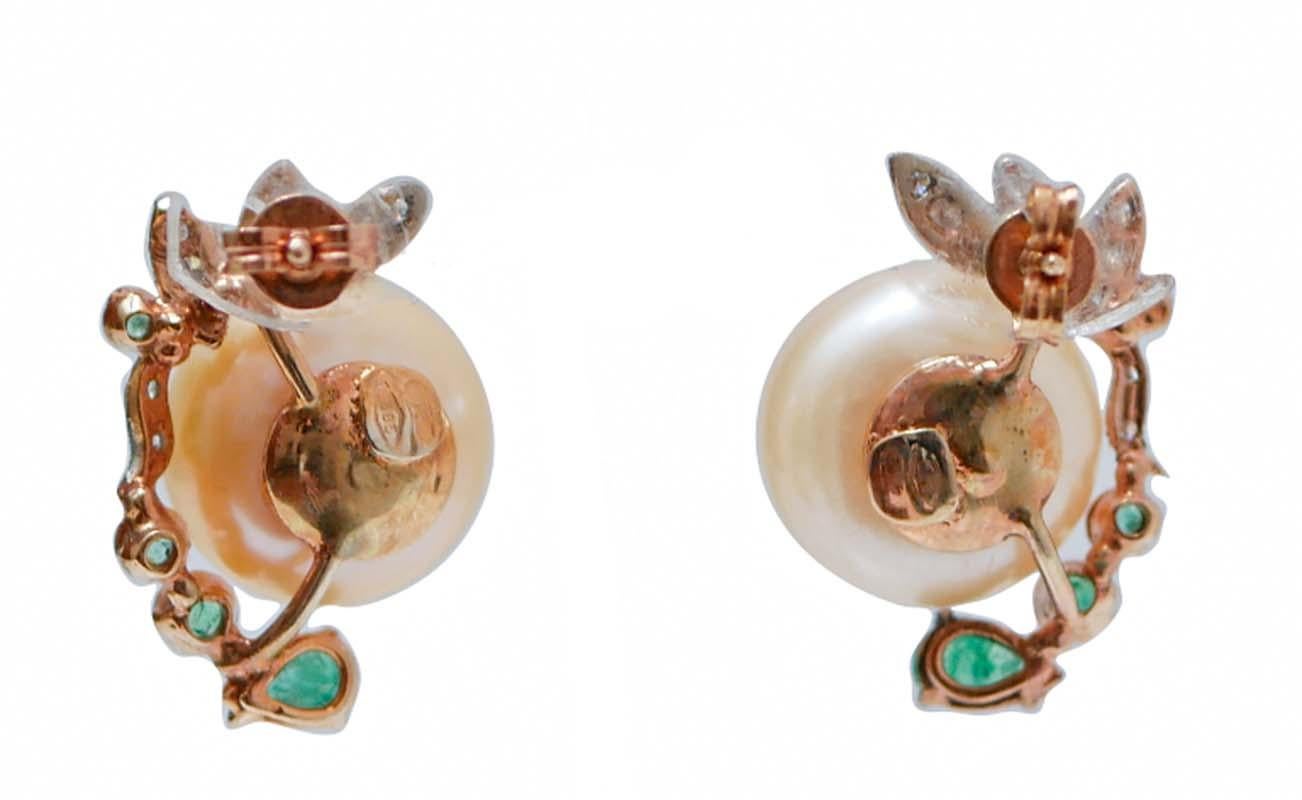 Retro Pearls, Emeralds, Diamonds, 14 Karat Rose Gold Earrings.