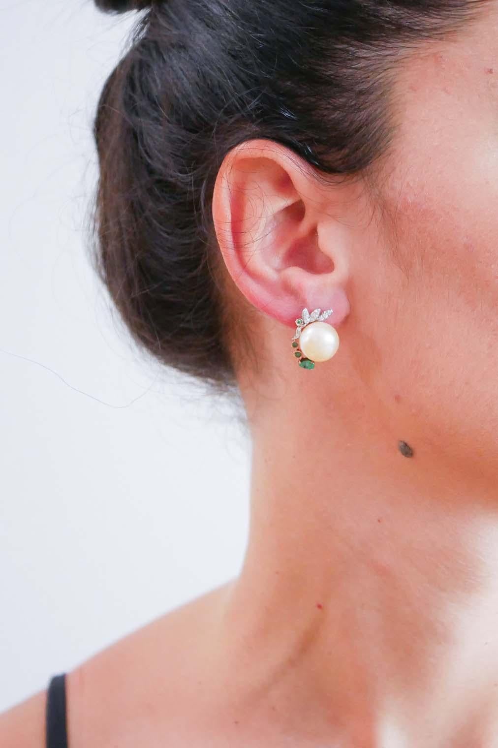 Mixed Cut Pearls, Emeralds, Diamonds, 14 Karat Rose Gold Earrings.