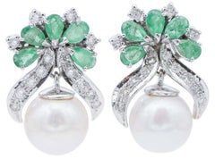 Pearls, Emeralds, Diamonds, 14 Karat White Gold Earrings