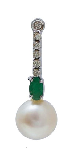 Pearls, Emeralds, Diamonds, 14 Karat White Gold Tennis Earrings.