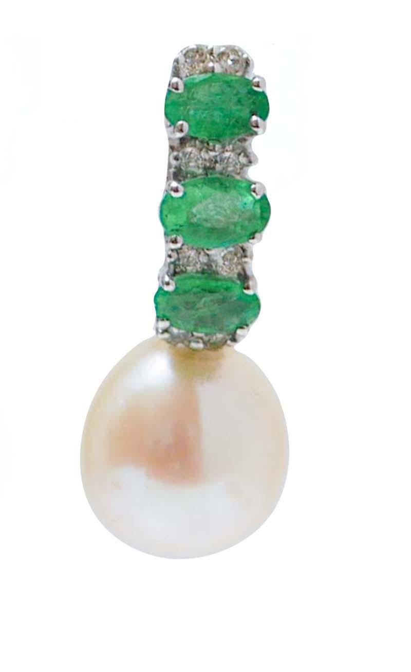 Modern Pearls, Emeralds, Diamonds, 18 Karat White Gold Earrings.