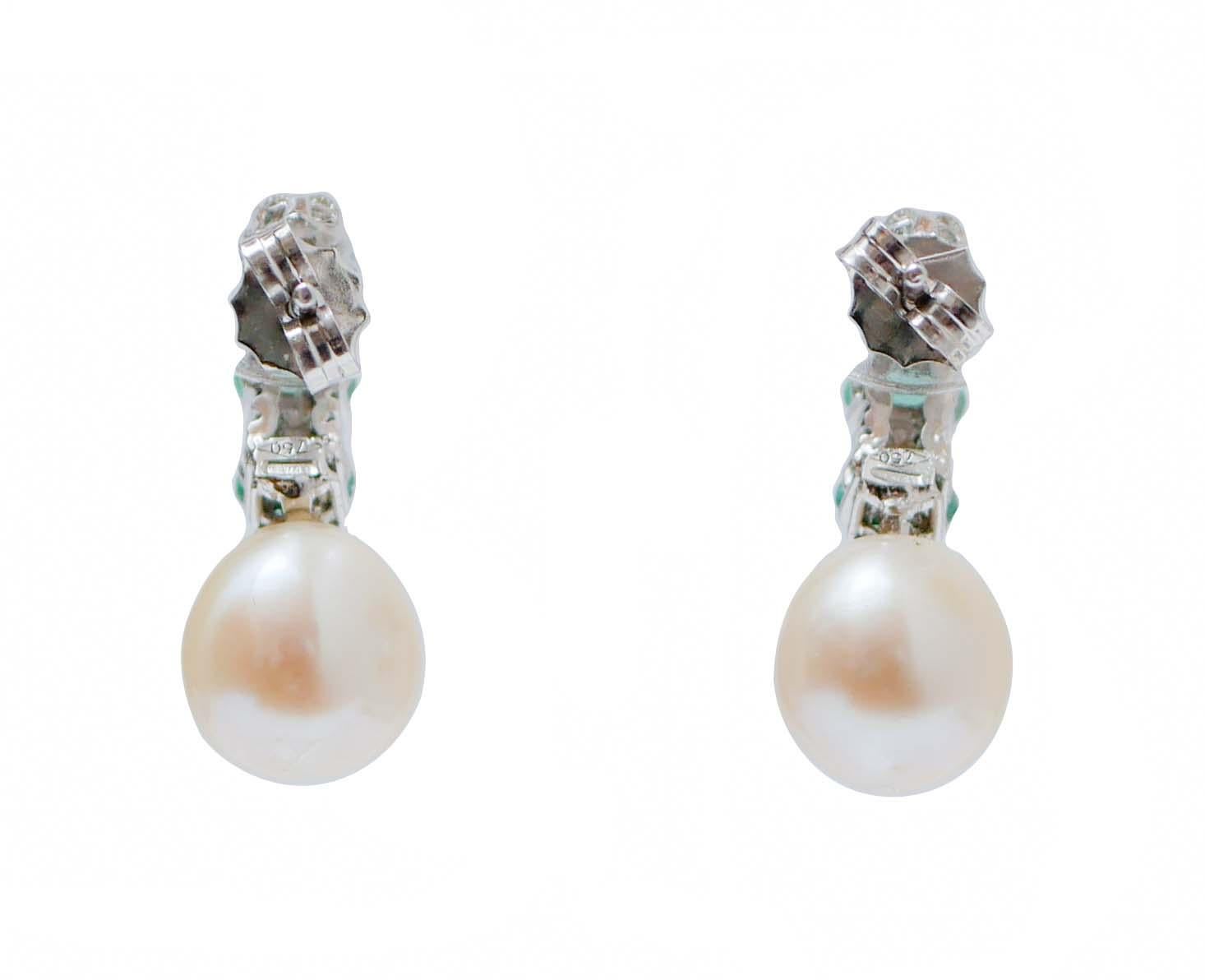 Mixed Cut Pearls, Emeralds, Diamonds, 18 Karat White Gold Earrings.