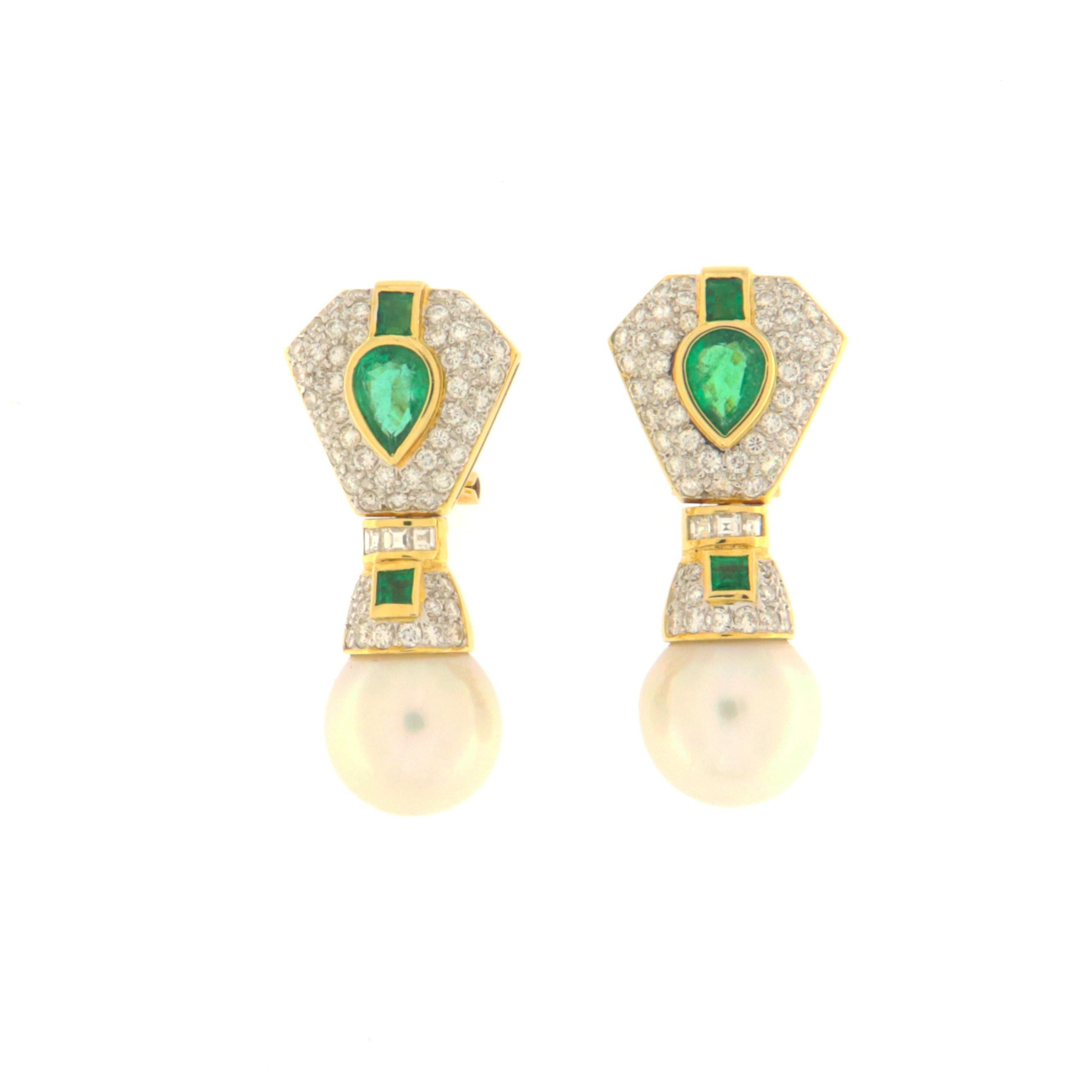 Women's Pearls Emeralds Diamonds 18 Karat Yellow Gold Drop Earrings For Sale