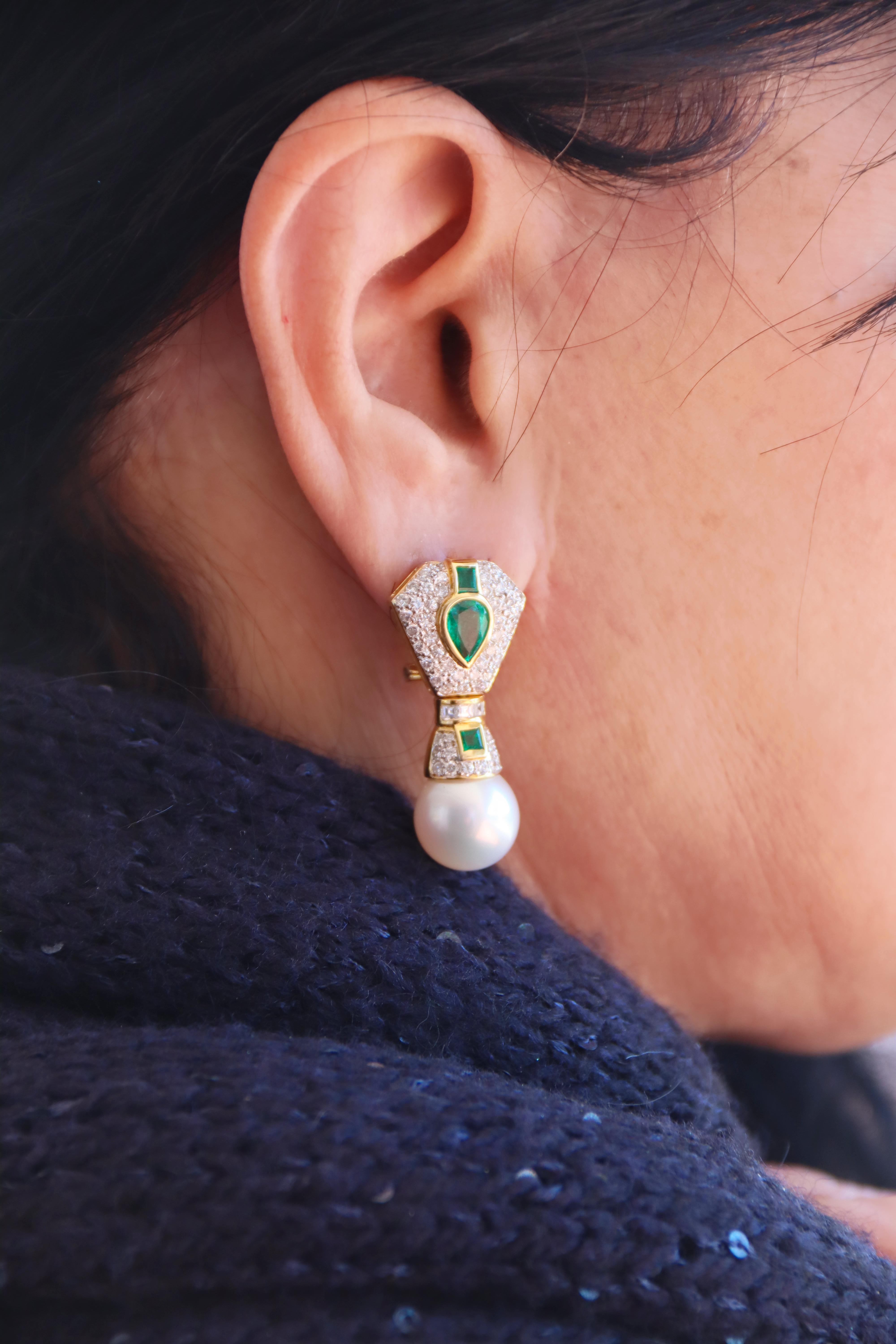 Pearls Emeralds Diamonds 18 Karat Yellow Gold Drop Earrings For Sale 3