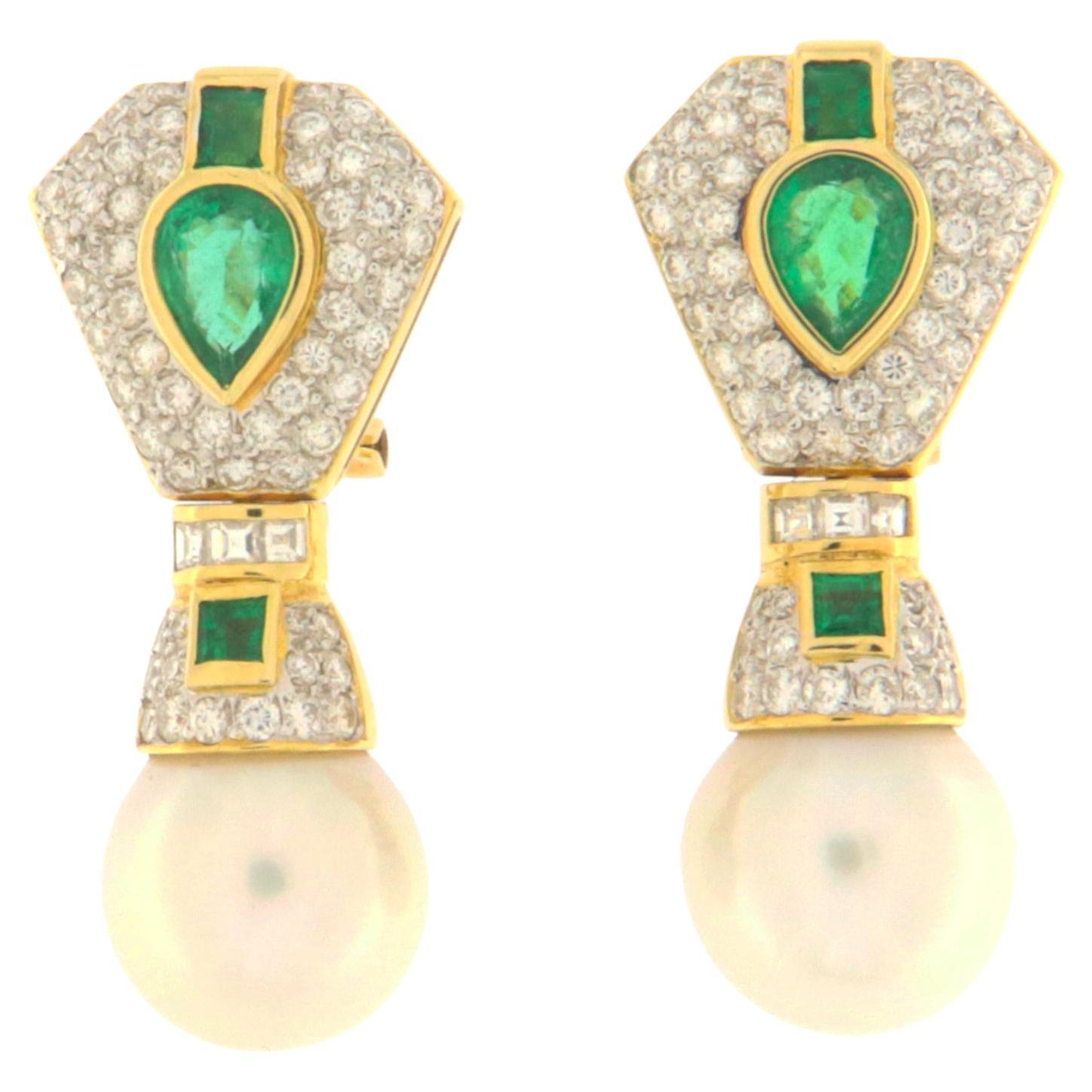 Pearls Emeralds Diamonds 18 Karat Yellow Gold Drop Earrings