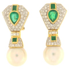 Pearls Emeralds Diamonds 18 Karat Yellow Gold Drop Earrings