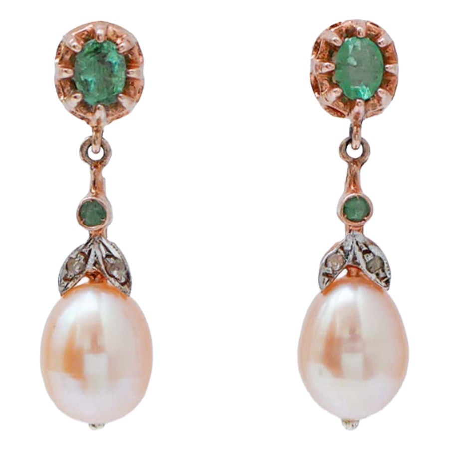 Pearls, Emeralds, Diamonds, Rose Gol and Silver Earrings. For Sale